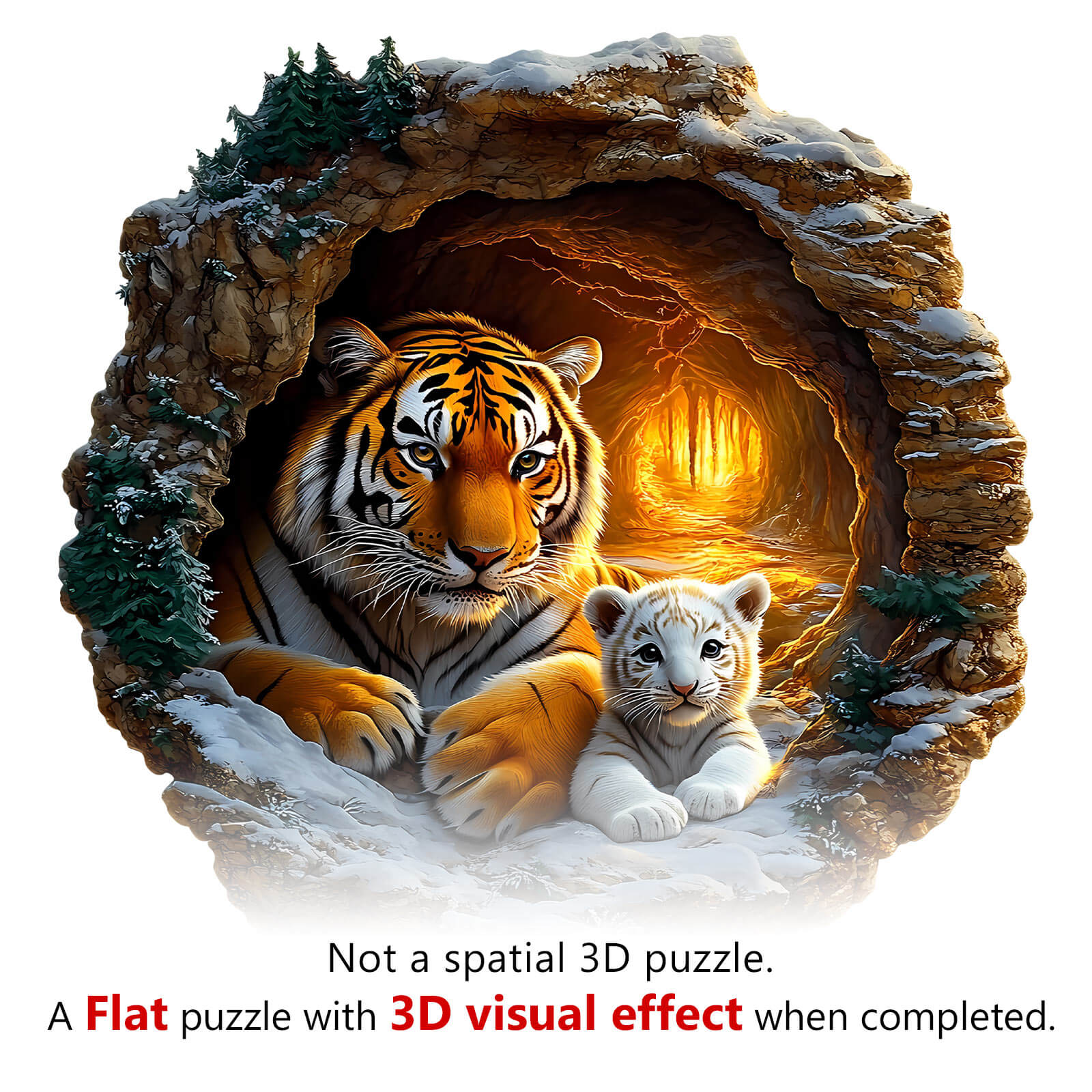 3D Tiger Family-2 wooden jigsaw puzzle featuring a realistic tiger and cub, highlighting the flat design with 3D visual effect.