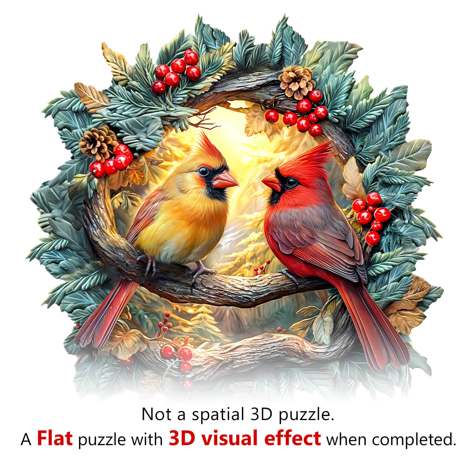 3D Northern Cardinal Wooden Puzzle featuring vibrant red and yellow cardinals with berries and a natural backdrop.