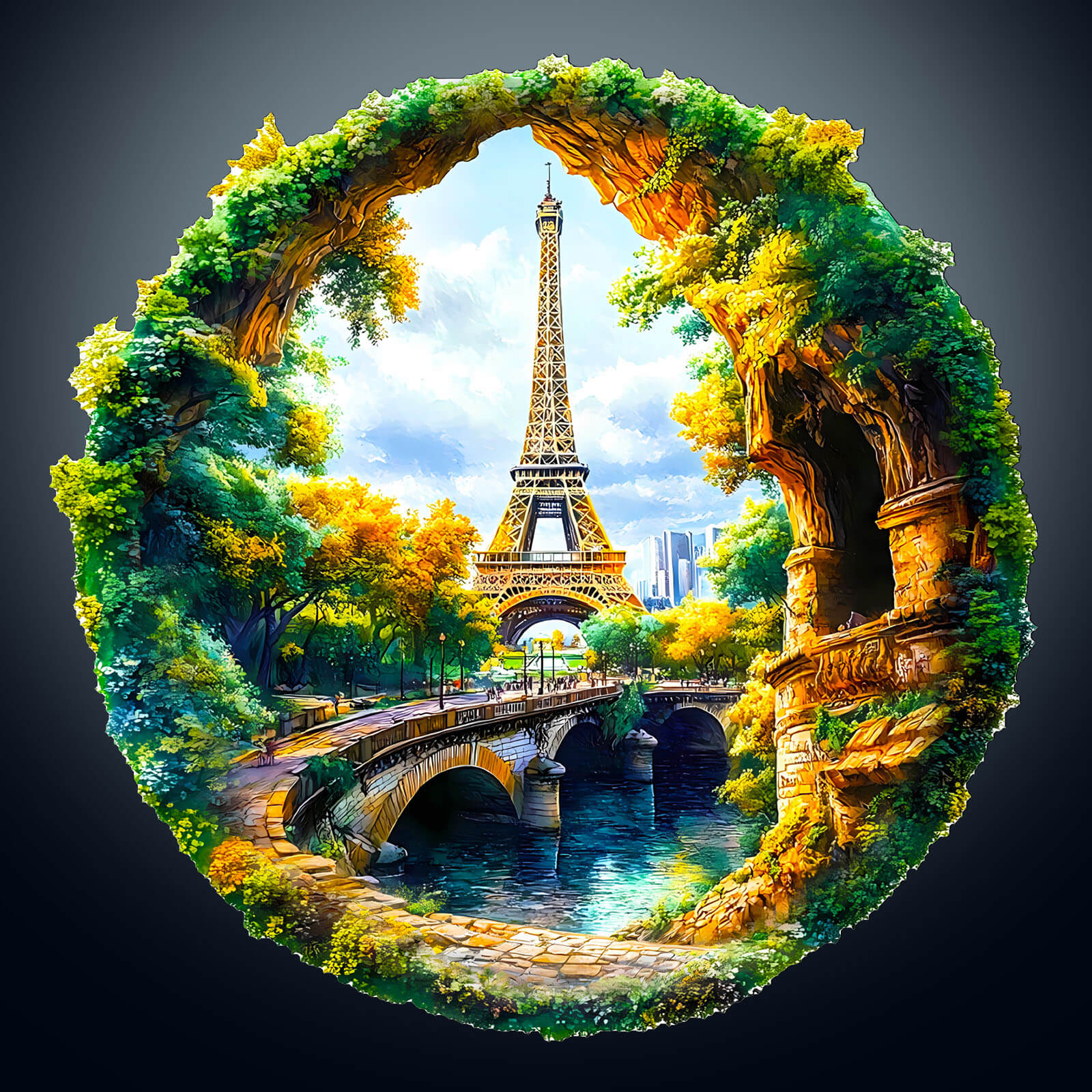 3D Four Seasons in Paris wooden jigsaw puzzle featuring the Eiffel Tower and scenic nature view.