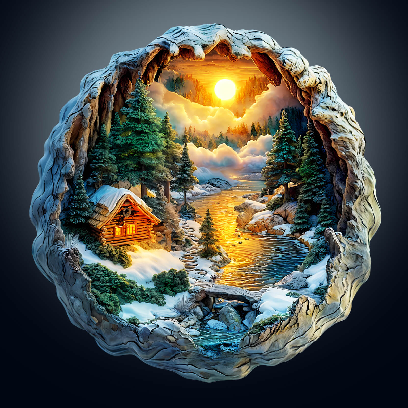 3D Winter Scene Wooden Jigsaw Puzzle depicting a serene snowy landscape with a cozy cabin and river at sunset.