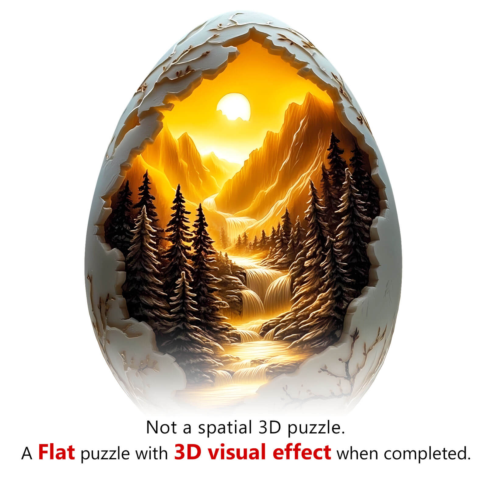 3D Eggshell World-1 wooden puzzle featuring a scenic landscape with a river and mountains inside an egg-shaped design.