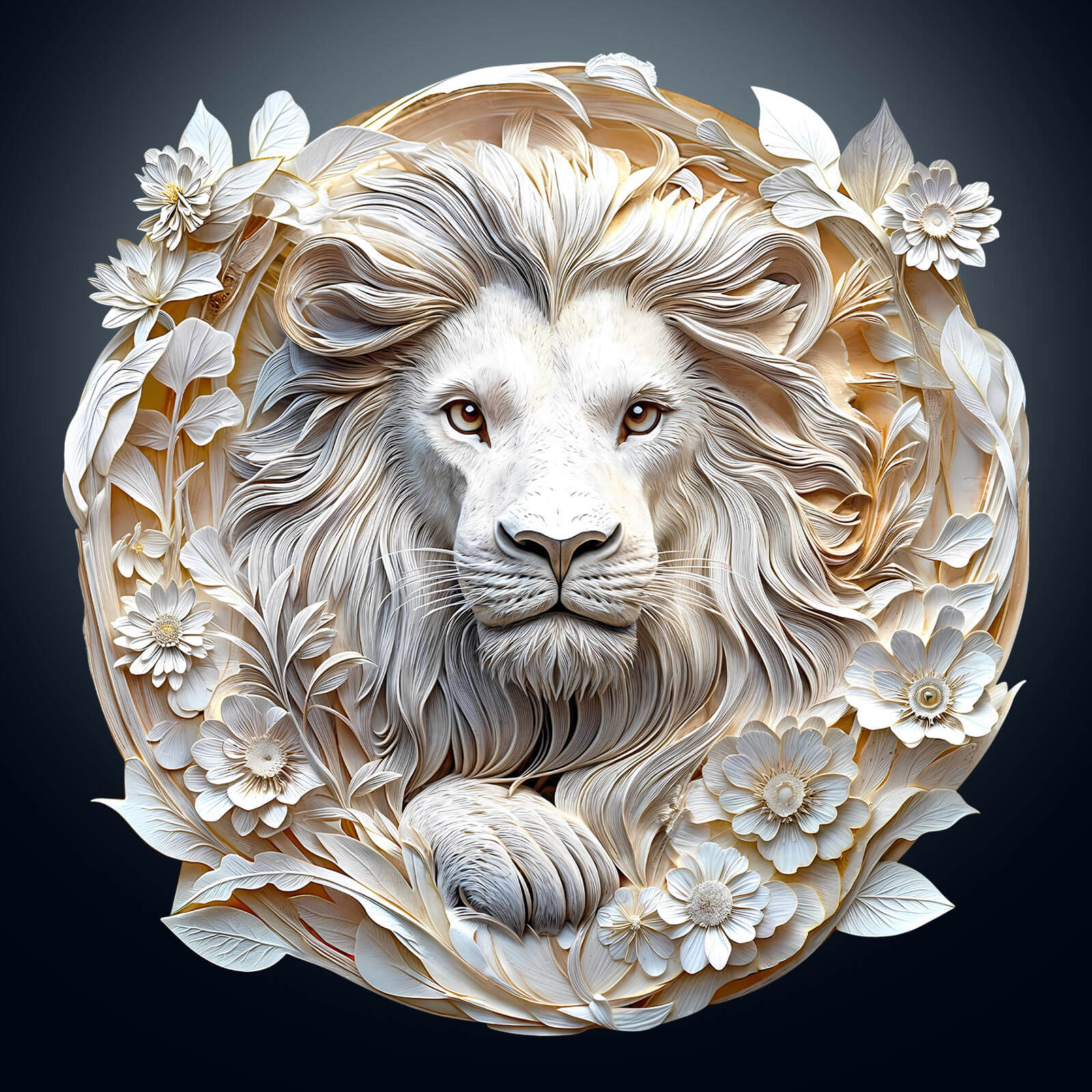 3D wooden lion puzzle with floral details, showcasing sleek paper art design and geometric origami-inspired features.