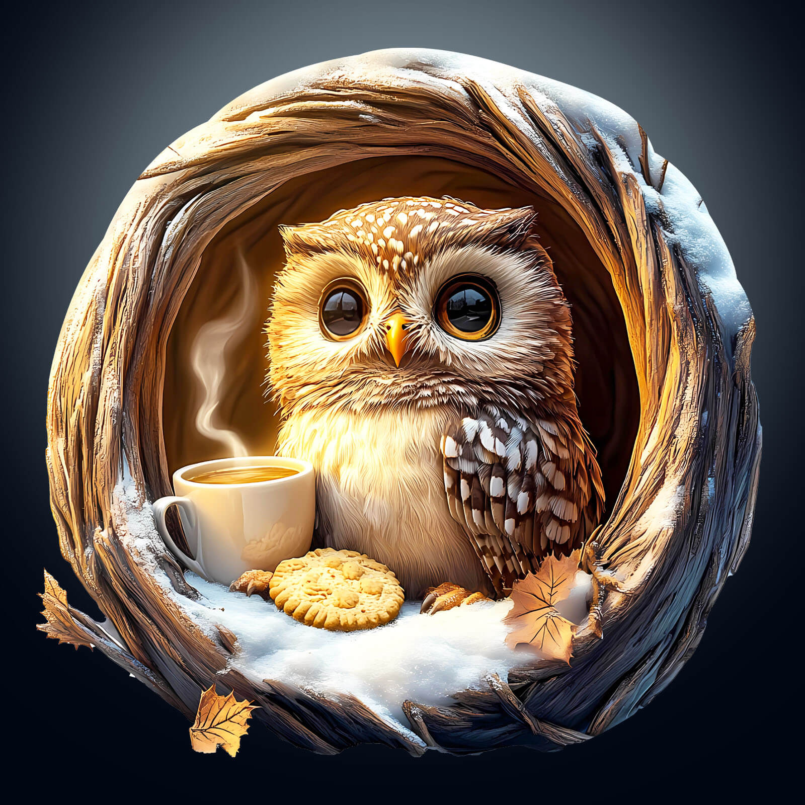 3D Cave Cute Owl illustration with coffee and cookies, depicting focus and creativity in puzzle solving.