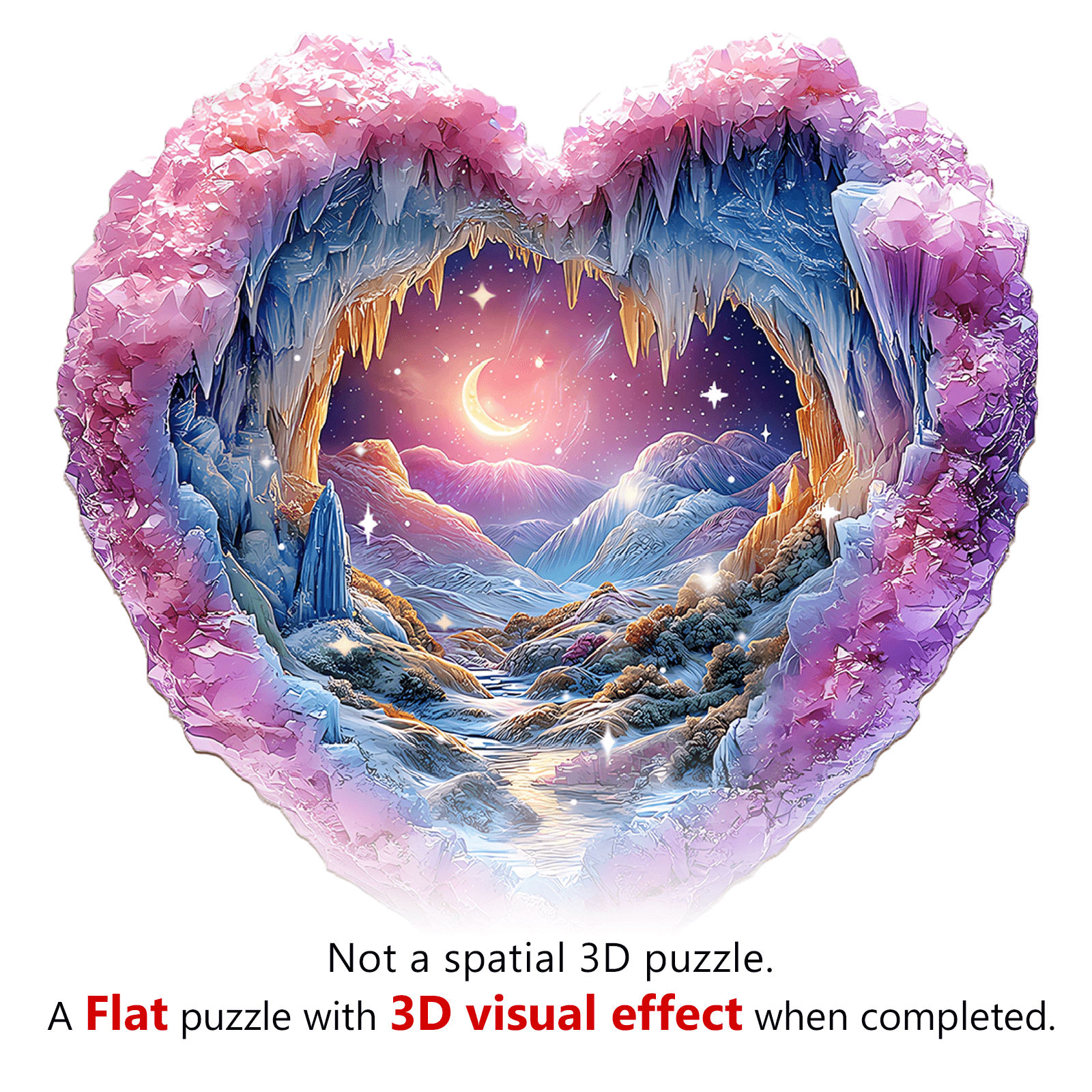 3D Romantic Star Wooden Jigsaw Puzzle featuring a heart-shaped design with a scenic landscape and starry night backdrop.