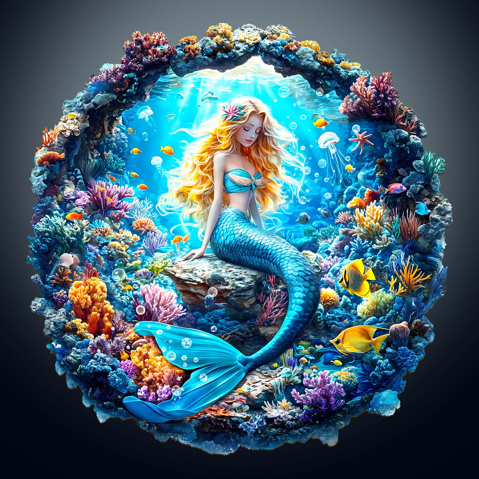 3D Mermaid Wooden Jigsaw Puzzle featuring a vibrant underwater scene with a beautiful mermaid and colorful corals.