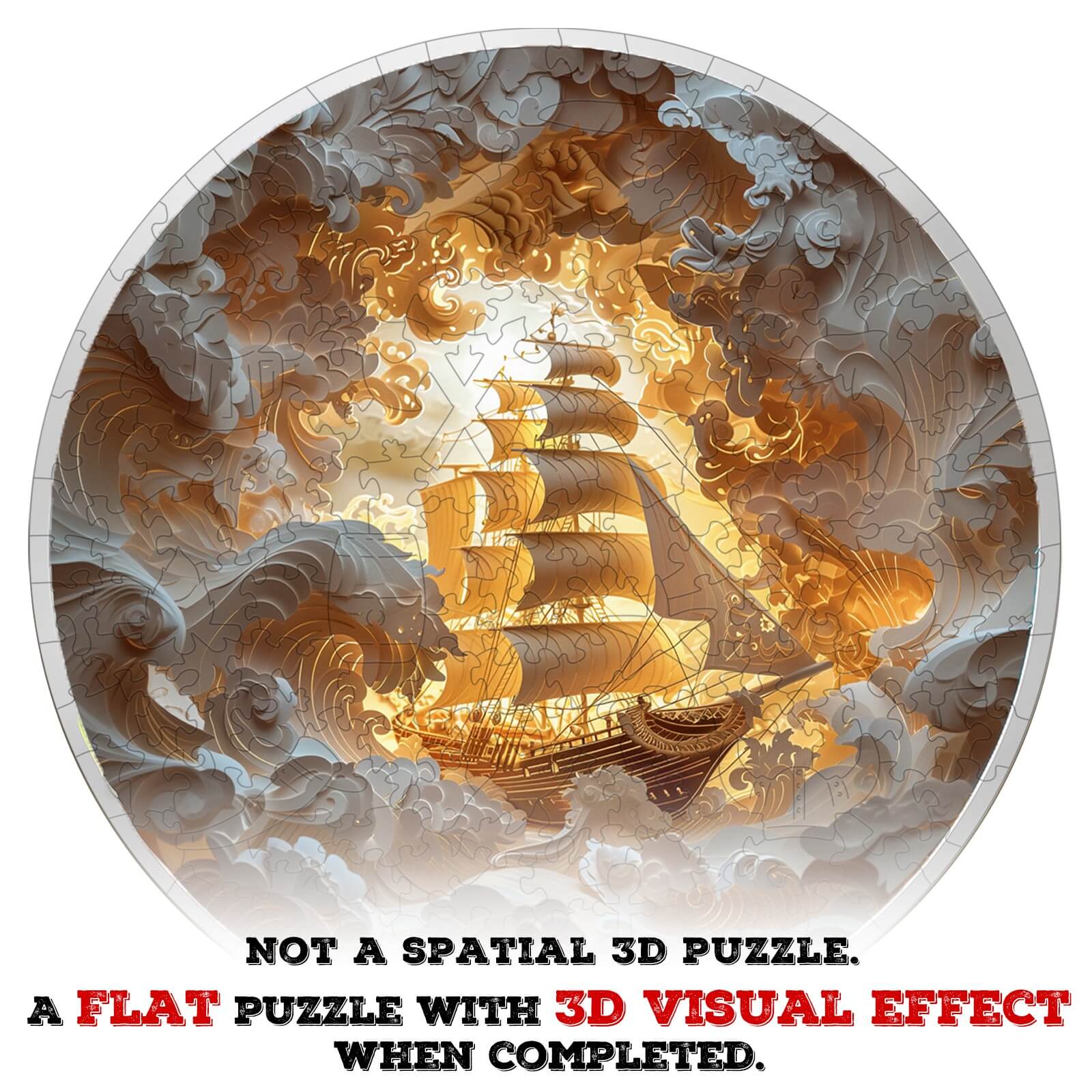 3D Sailing-2 wooden jigsaw puzzle showcasing a ship amidst clouds, offering a unique flat design with a compelling visual effect.