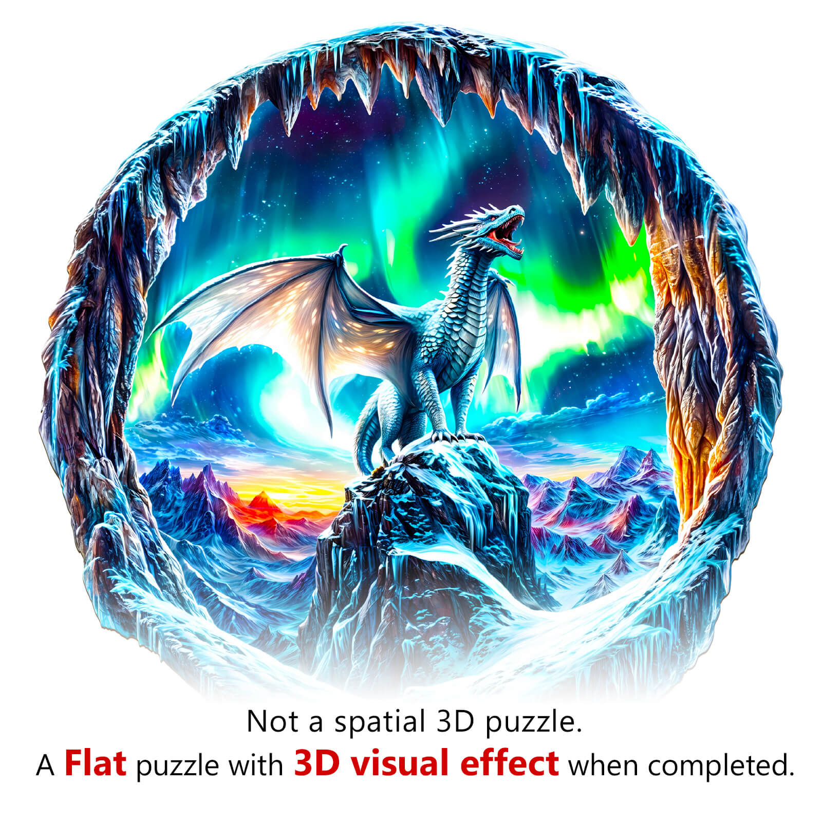 3D Aurora Dragon Wooden Jigsaw Puzzle featuring a frost dragon under the Northern Lights, showcasing stunning visuals.