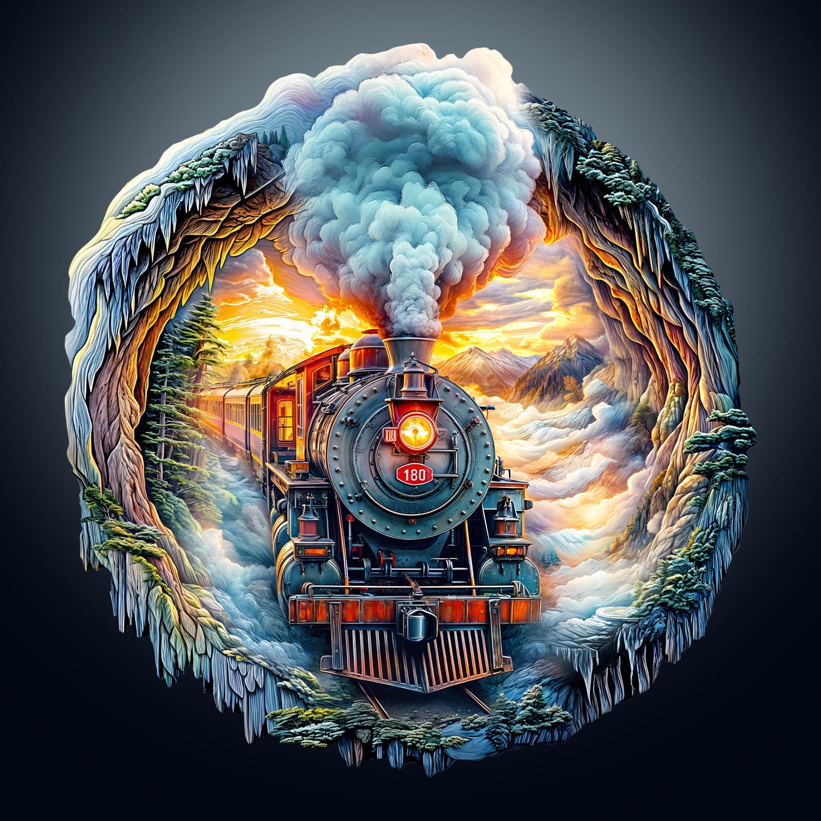 Colorful 3D steam train artwork emerging from a scenic landscape of mountains and clouds.