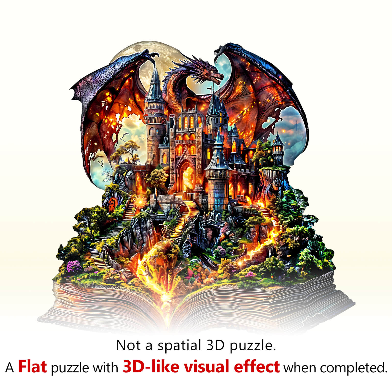 Epic Tale Wooden Jigsaw Puzzle featuring a dragon, castle, and vibrant colors with a unique flat design and 3D-like visual effect.