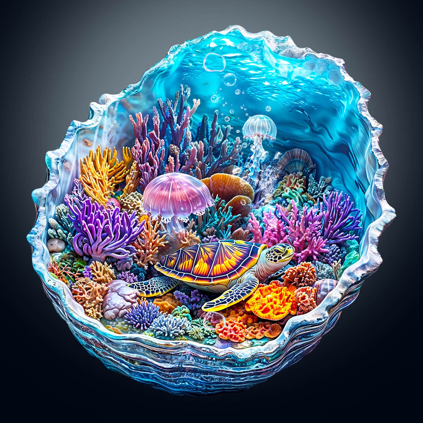 3D Ocean's Embrace wooden jigsaw puzzle featuring vibrant underwater scene with turtles, corals, and jellyfish.