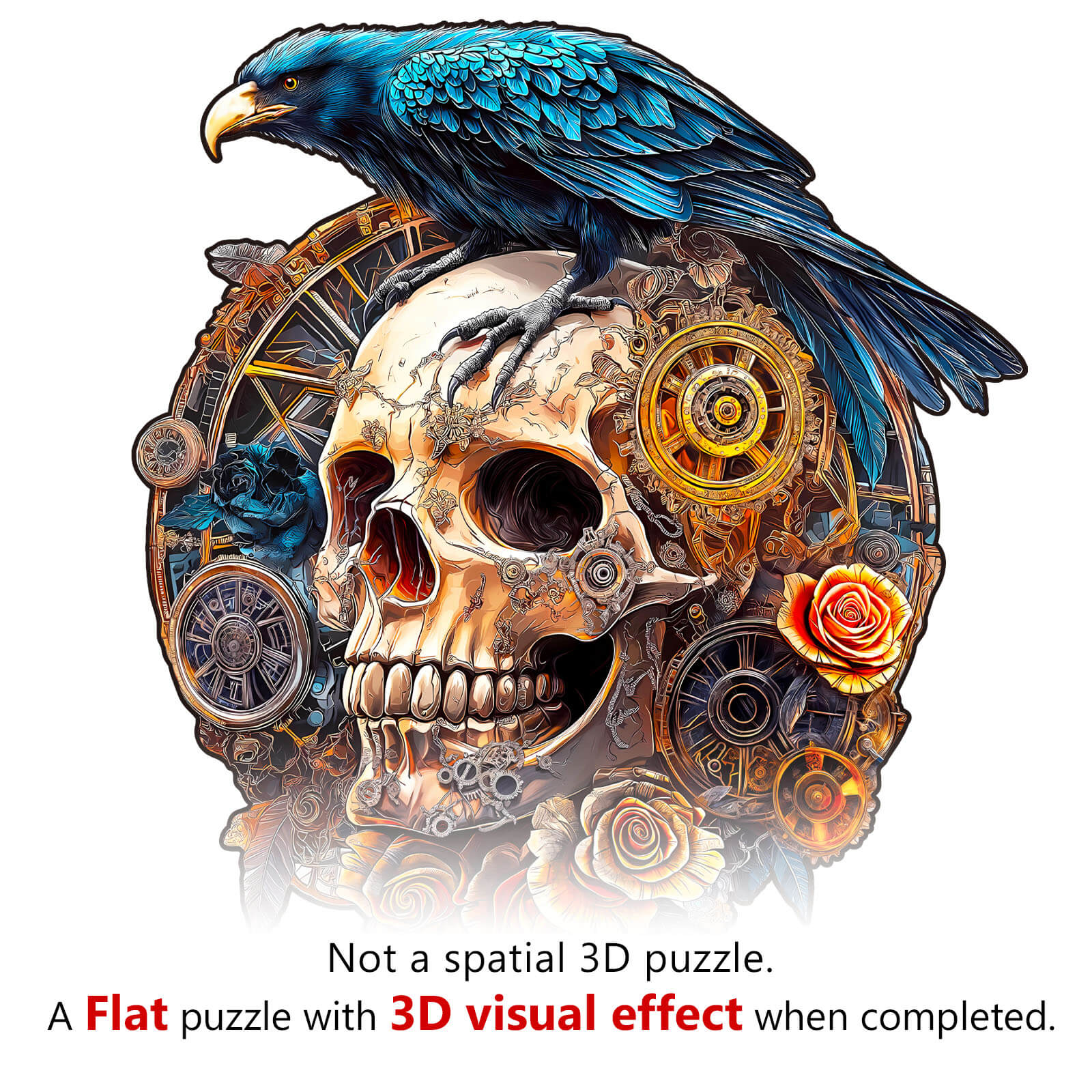 3D Mechanical Skull & Raven wooden jigsaw puzzle with intricate design, featuring a raven perched on a colorful skull.