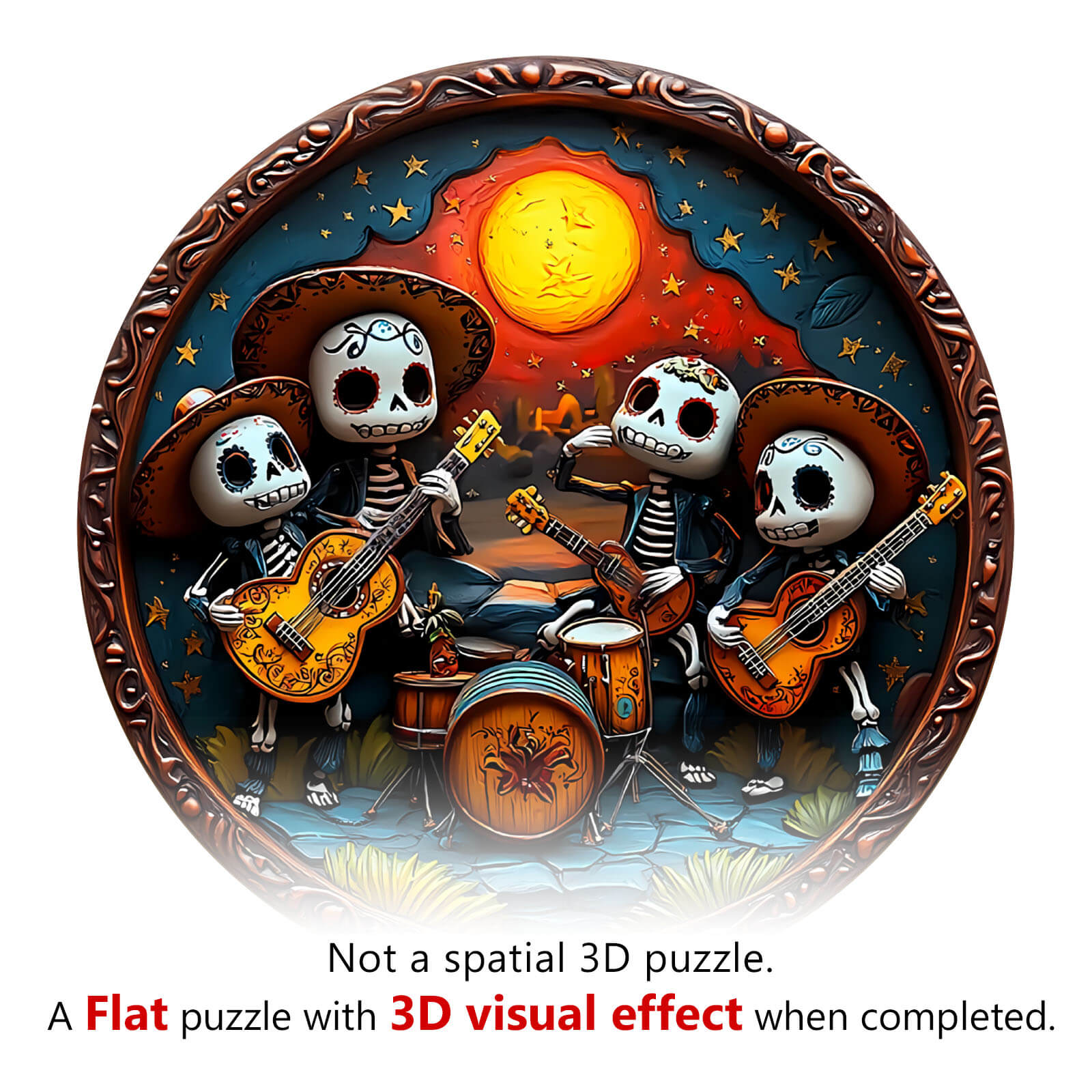 Vibrant 3D Mexican Bands wooden jigsaw puzzle with skeleton musicians playing instruments under a moonlit sky.