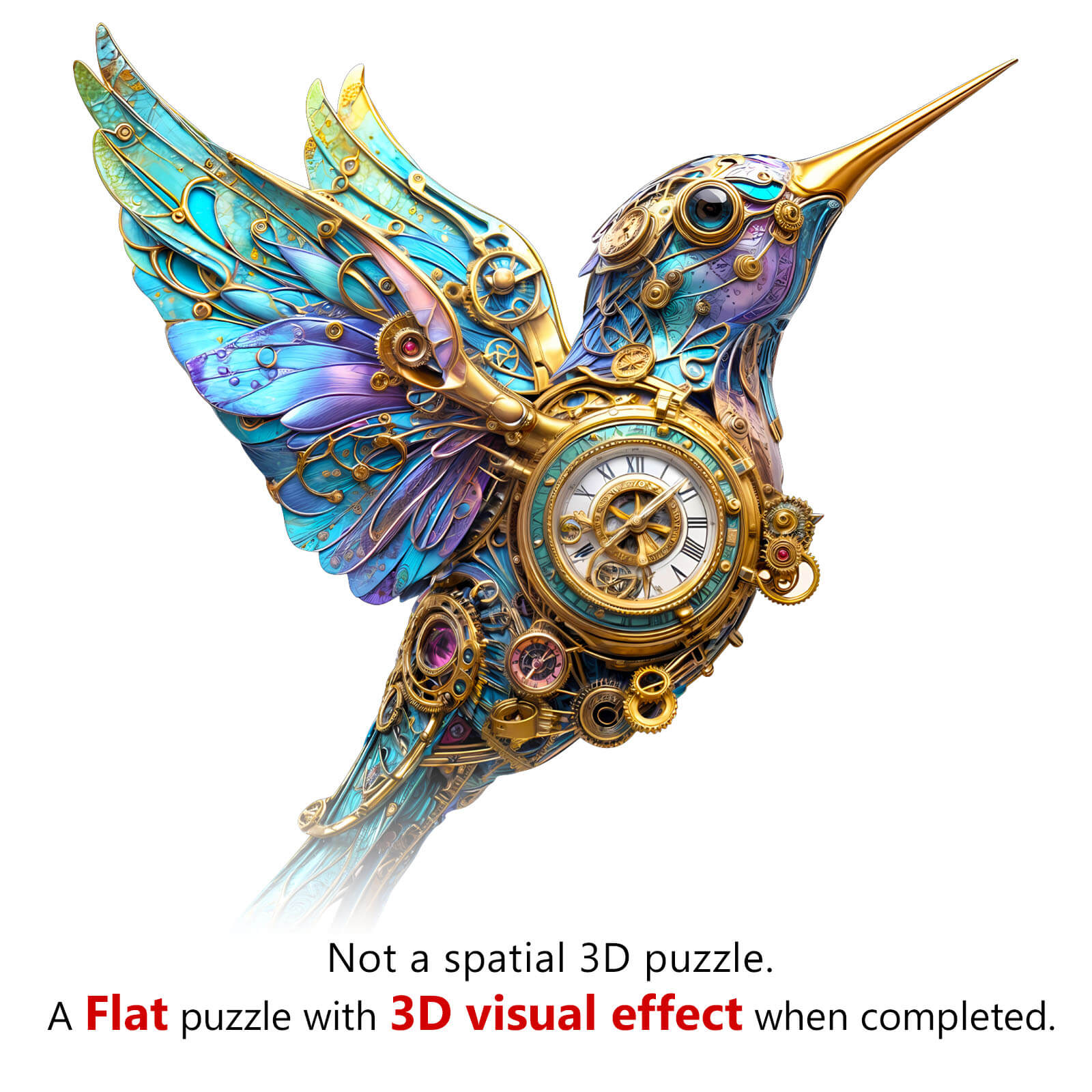 3D Mechanical Hummingbird wooden jigsaw puzzle with vibrant colors and intricate designs, offering a unique visual effect.