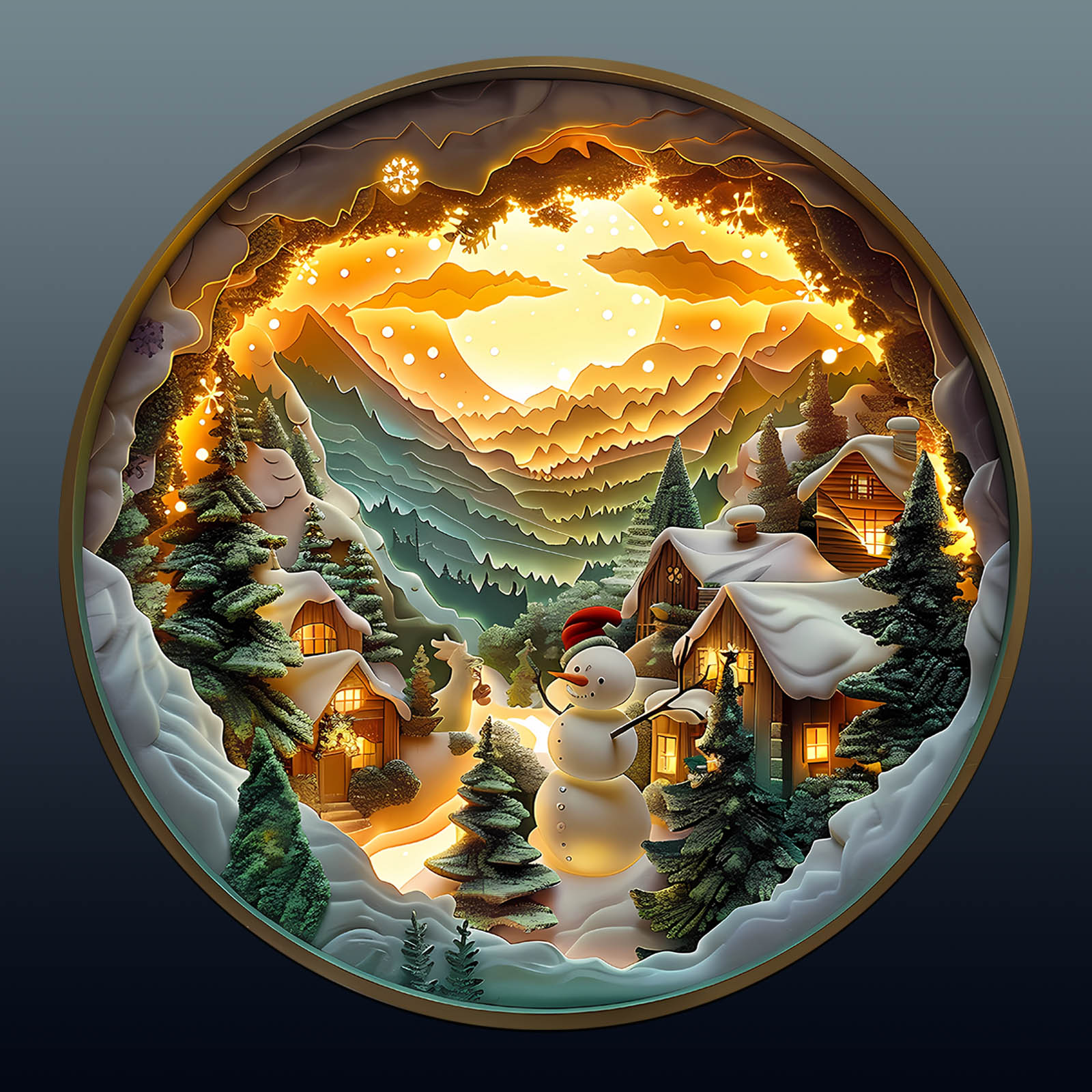 3D Christmas Village scene featuring a snowman, cozy cabins, and snowy mountains, perfect for holiday puzzle lovers.