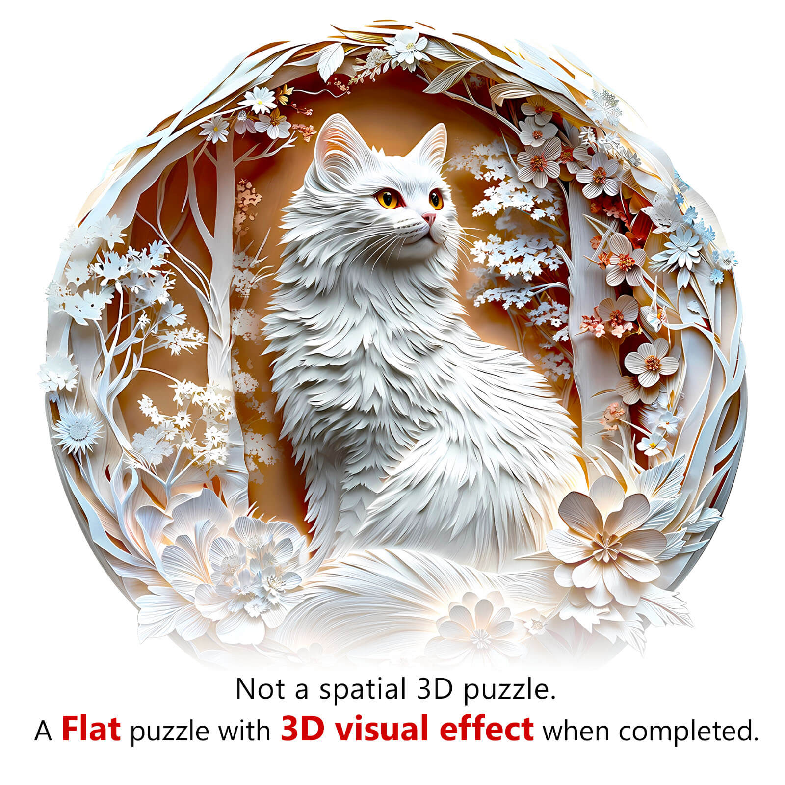 3D Cat-3 wooden jigsaw puzzle featuring a flat design with 3D visual effects and floral elements.