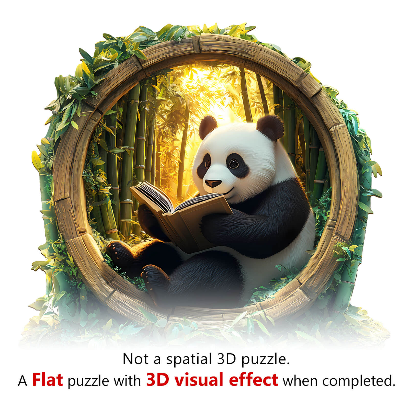 3D Bamboo Grove Scholar Panda wooden jigsaw puzzle with a panda reading, showcasing its 3D visual effect.
