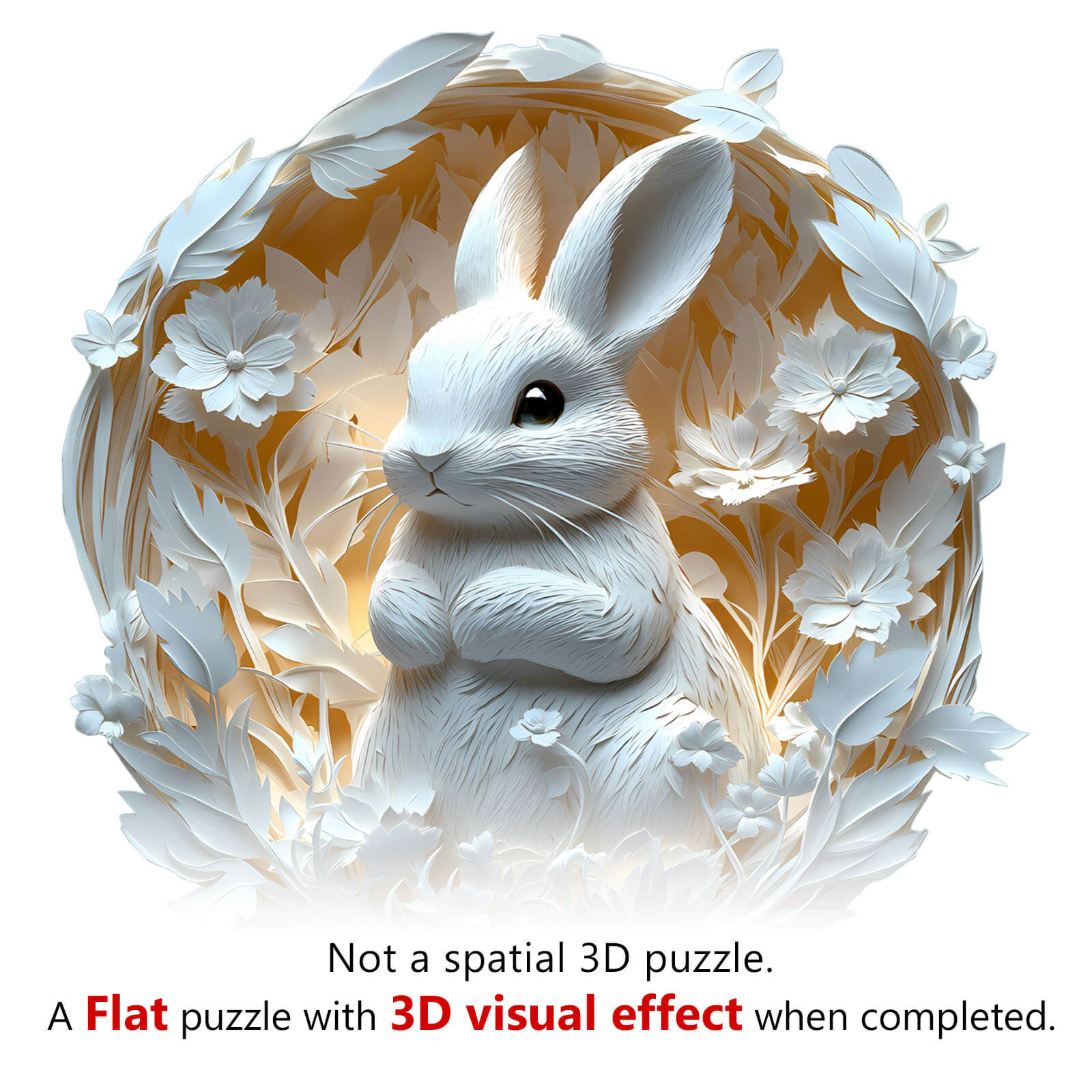 3D Paper Rabbit wooden jigsaw puzzle showing a flat design with a 3D visual effect and floral background.