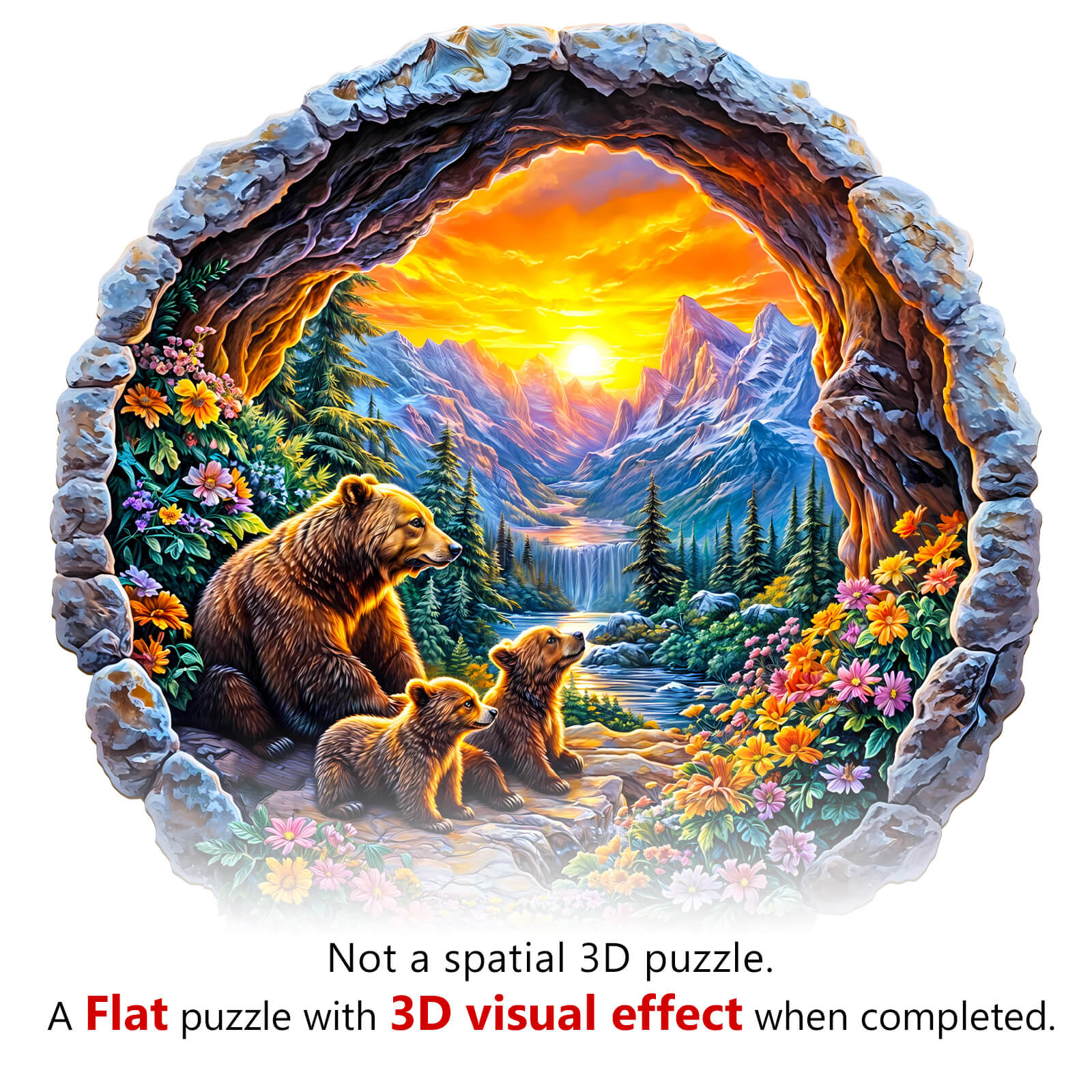 3D Bear's Journey wooden jigsaw puzzle showcasing bears in a scenic landscape, emphasizing its 3D visual effect.