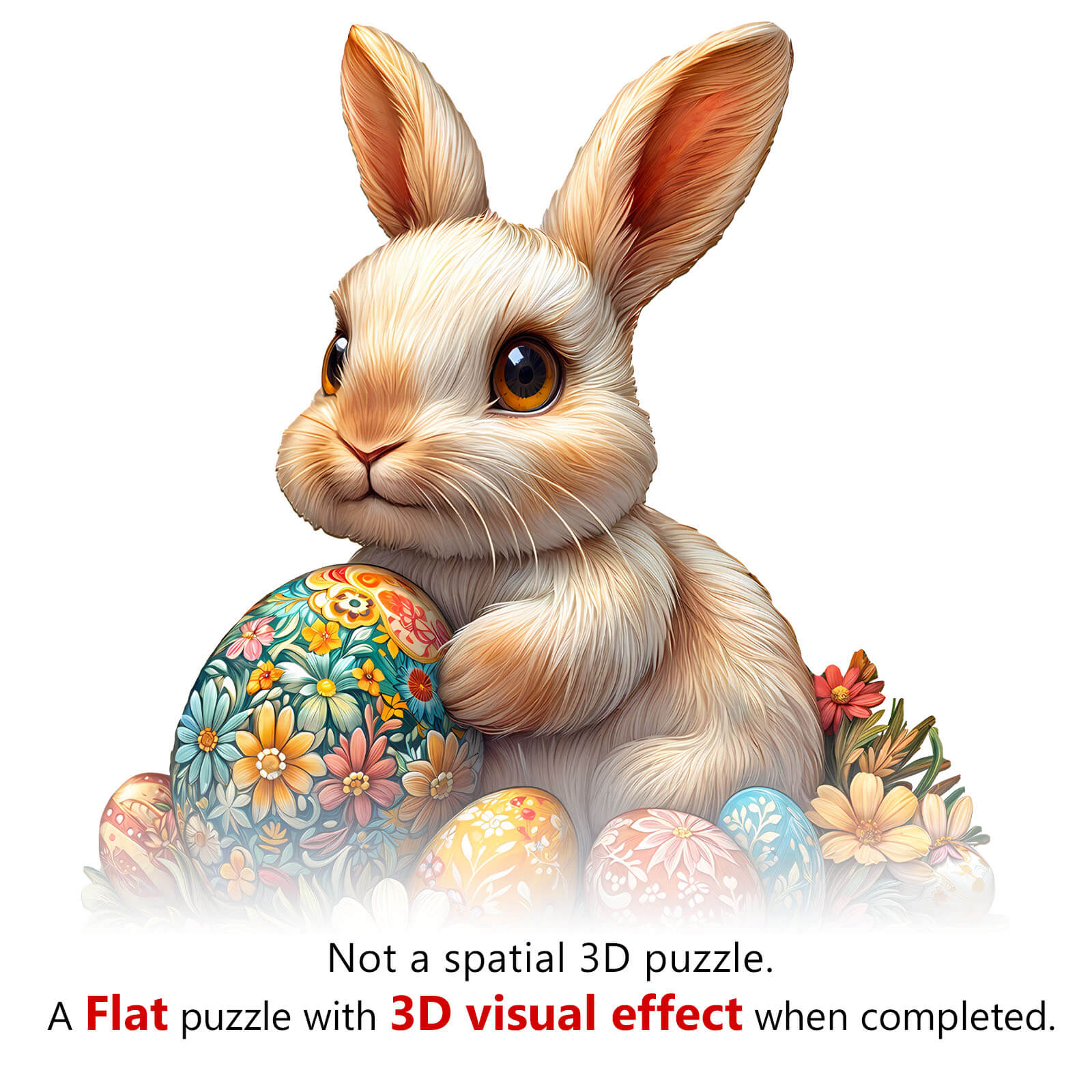 3D Wonderful Easter Bunny Jigsaw Puzzle featuring a fluffy bunny and colorful decorated eggs, showcasing a charming spring scene.