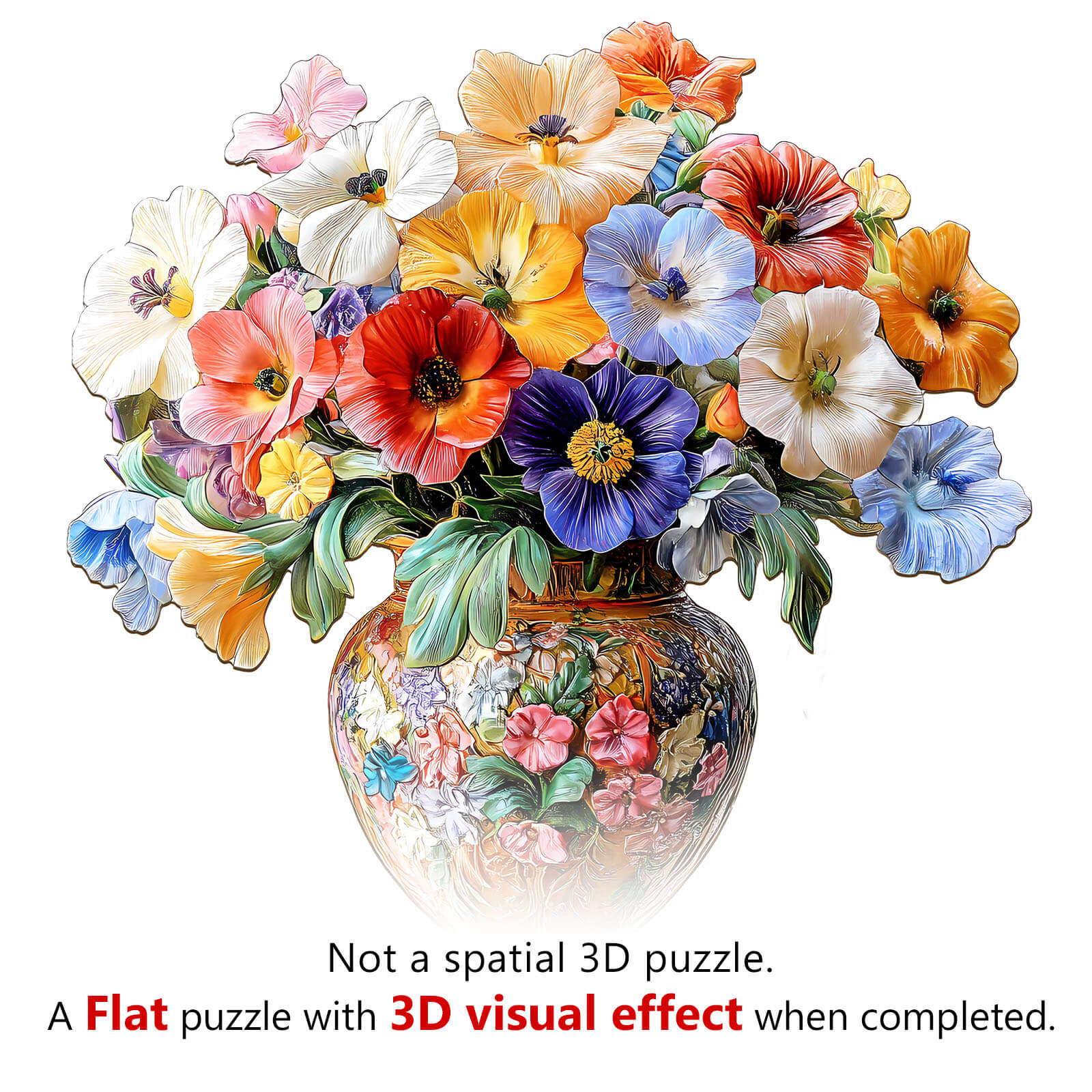 3D Vintage flower jigsaw puzzle showing colorful flowers in a vase with a 3D visual effect when completed.