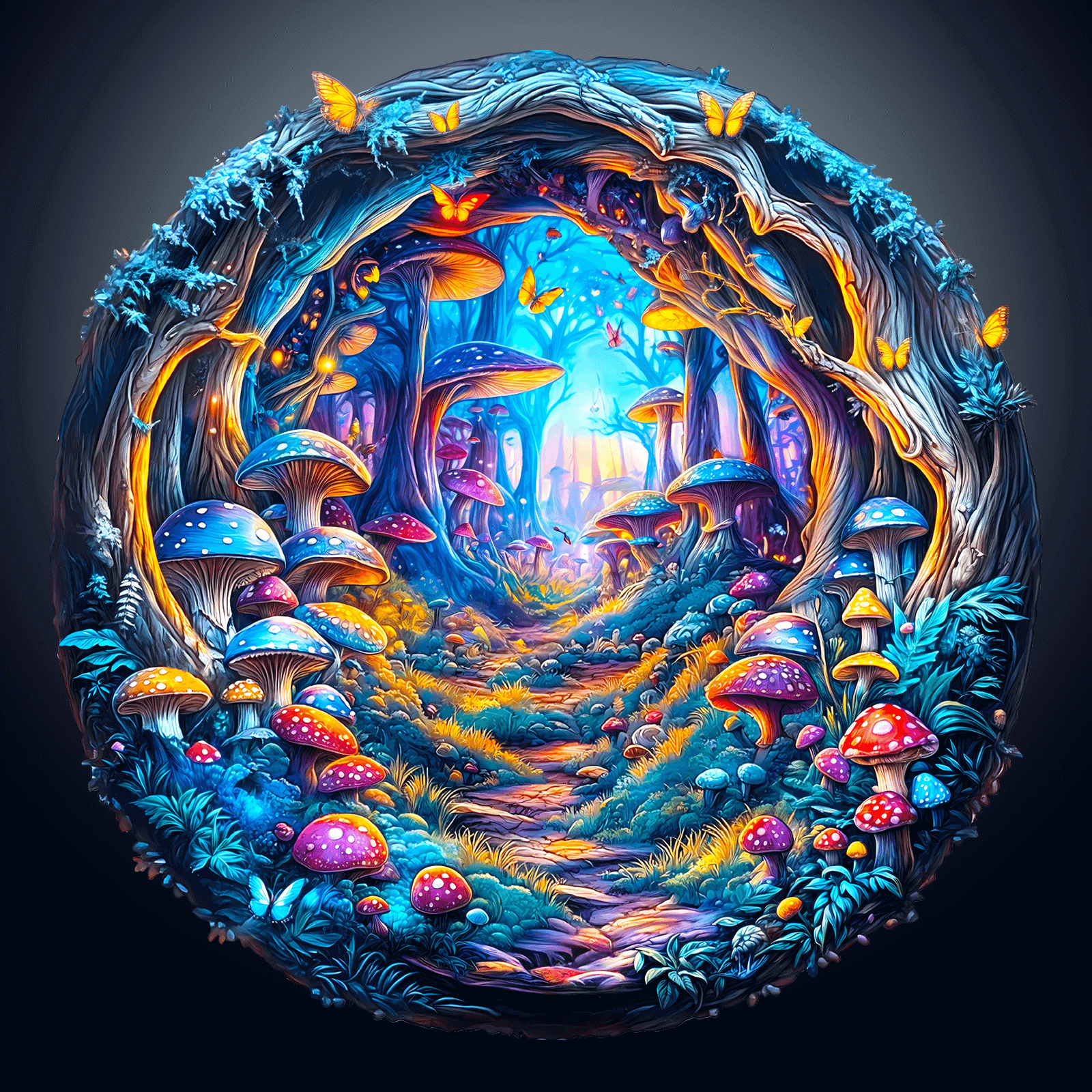 Vibrant 3D Magic Mushroom puzzle scene with colorful mushrooms and enchanting forest pathway, perfect for jigsaw enthusiasts.