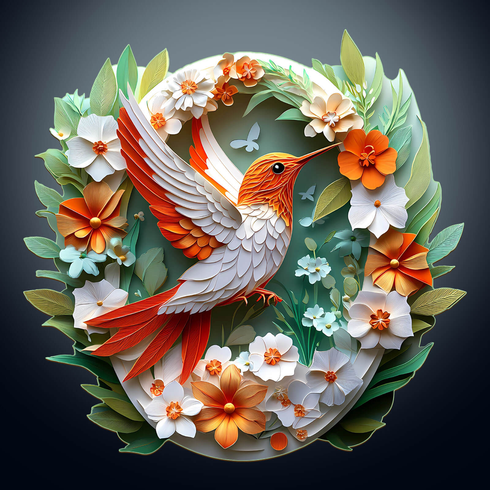 3D colored paper hummingbird jigsaw puzzle with vibrant flowers, designed for mind games and puzzle enthusiasts.