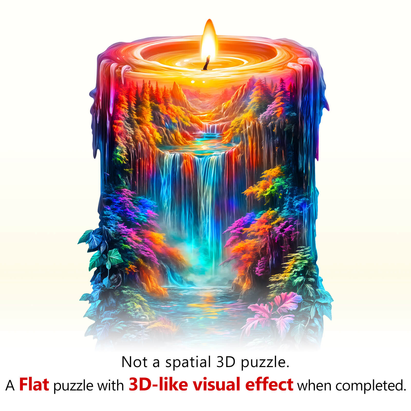 Enchanted Flame Wooden Jigsaw Puzzle featuring vibrant candle and waterfall design, offering a mesmerizing 3D-like visual effect.