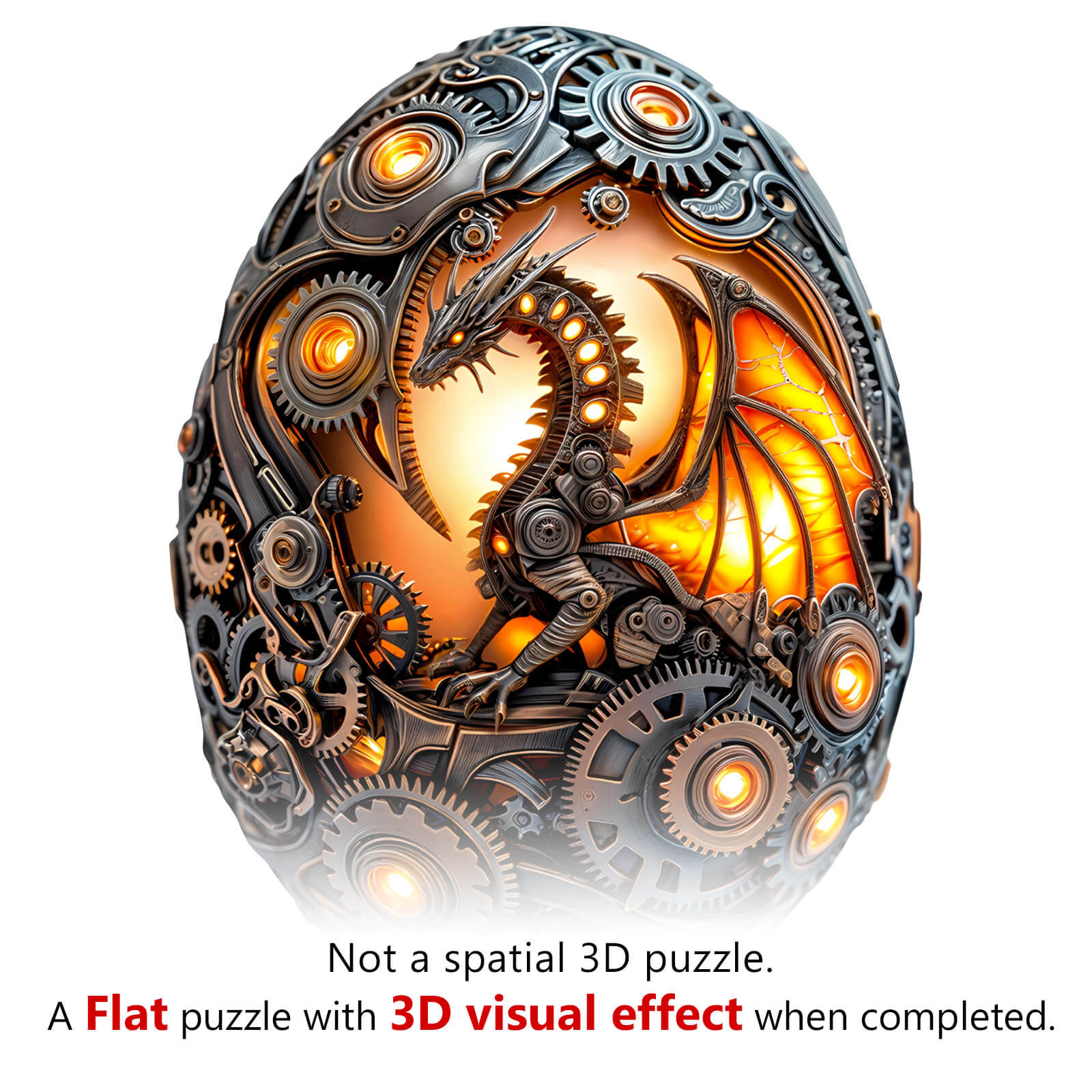 Mechanical Dragon Egg wooden jigsaw puzzle with intricate gears and 3D visual effects when completed.