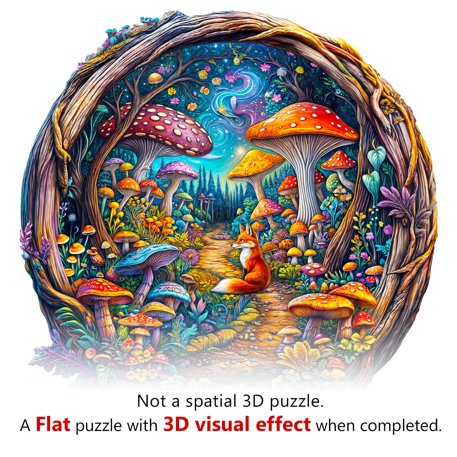 3D Mushroom Forest Wooden Jigsaw Puzzle featuring vibrant colors and whimsical 3D visual effects with fox and mushrooms.