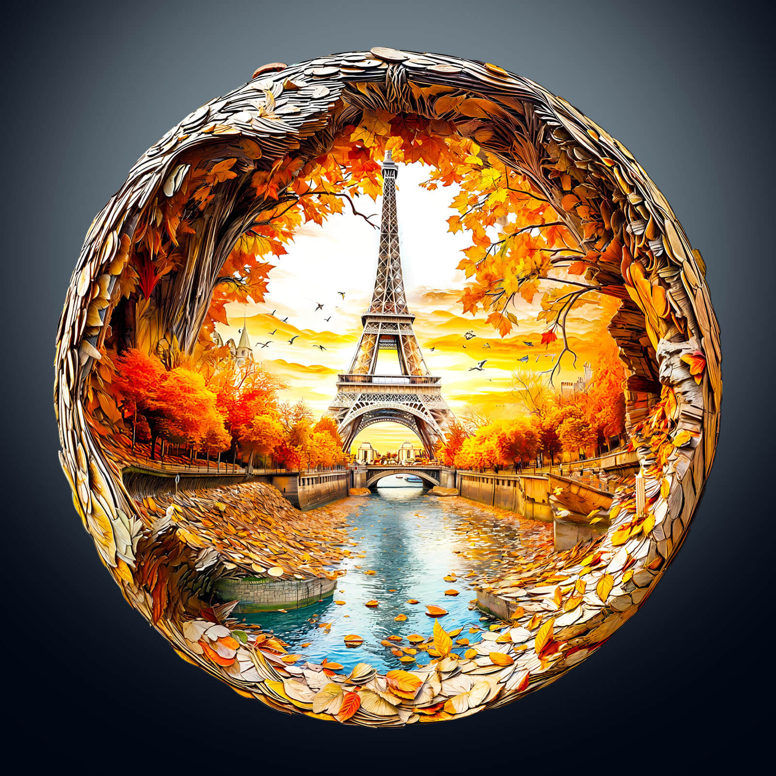 3D wooden jigsaw puzzle of the Four Seasons in Paris, showcasing Eiffel Tower amidst autumn leaves and a serene river.