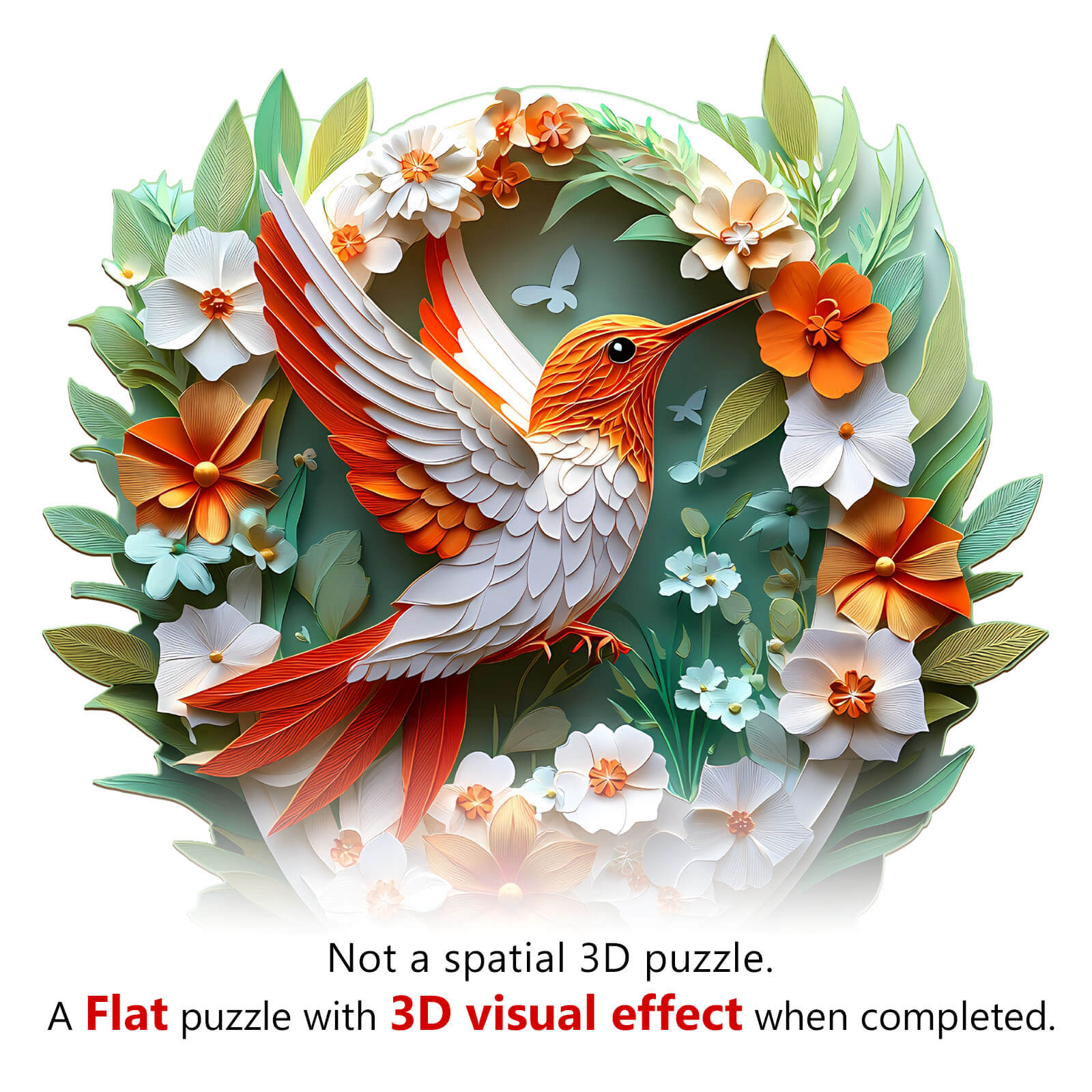 3D Colored Paper Carving Hummingbird puzzle with flowers, showcasing a flat design that creates 3D visual effects.