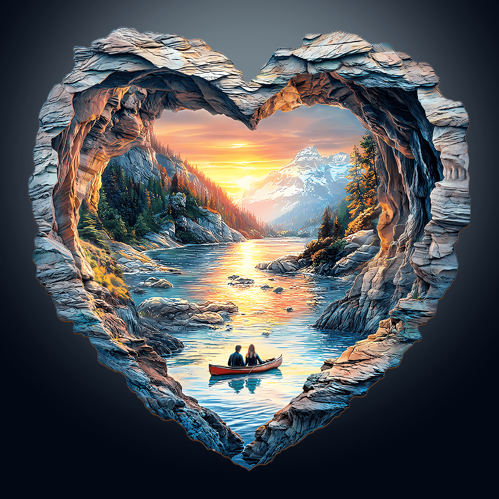 Heart-shaped rock frame showcasing a couple in a boat on a serene lake surrounded by mountains and trees at sunset.