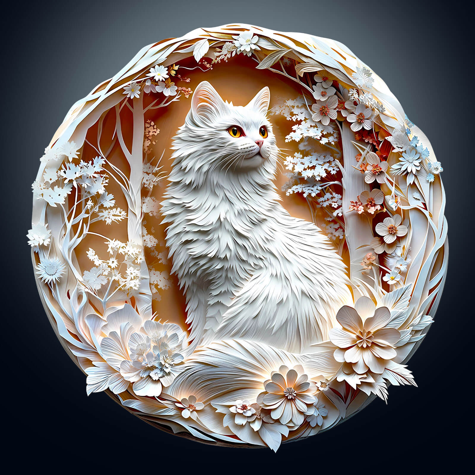 3D Cat-3 Wooden Jigsaw Puzzle featuring a beautiful white cat surrounded by flowers and trees, perfect for puzzle lovers.