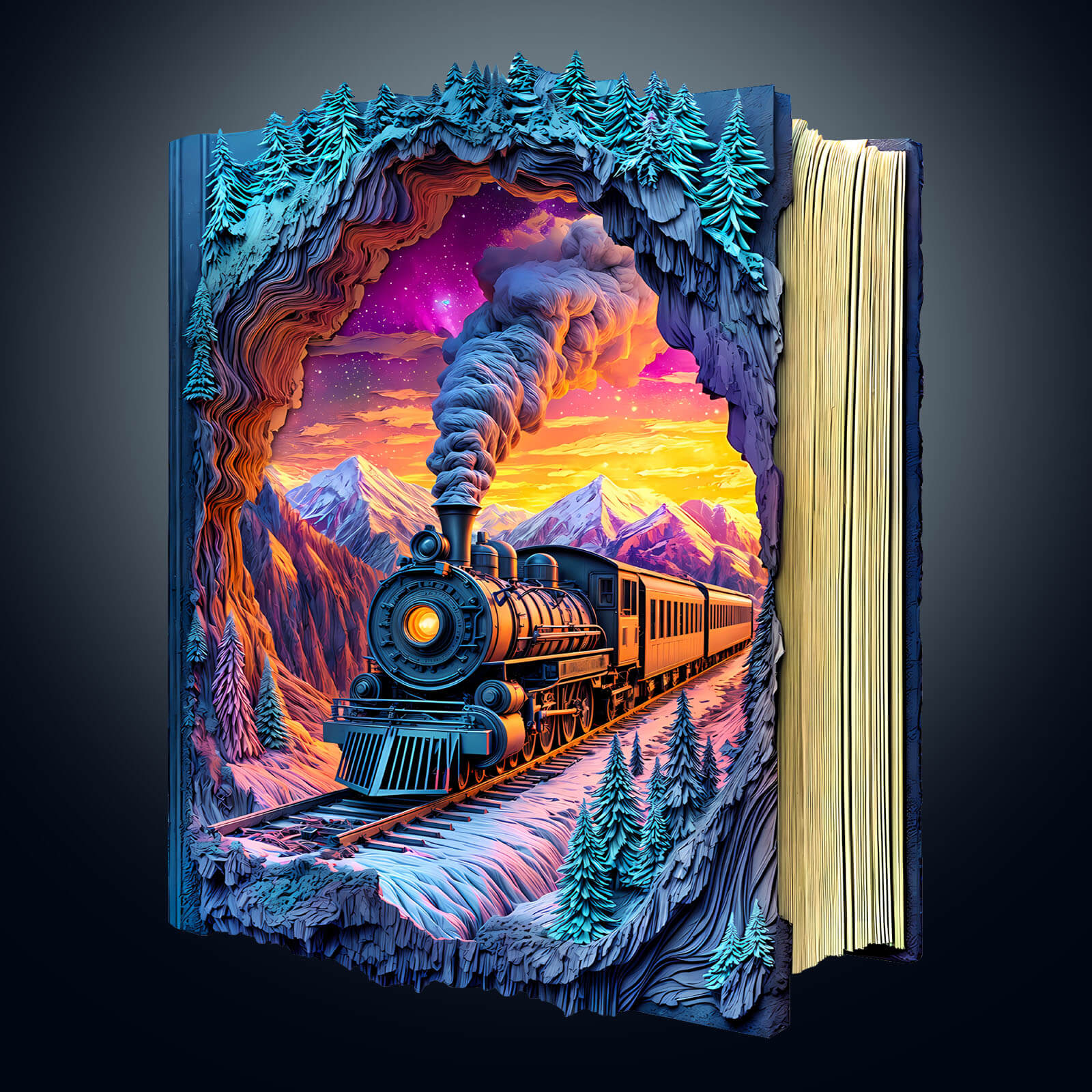 3D Aurora Train puzzle image featuring an artistic train emerging from a book, surrounded by mountains and vibrant sunset colors.