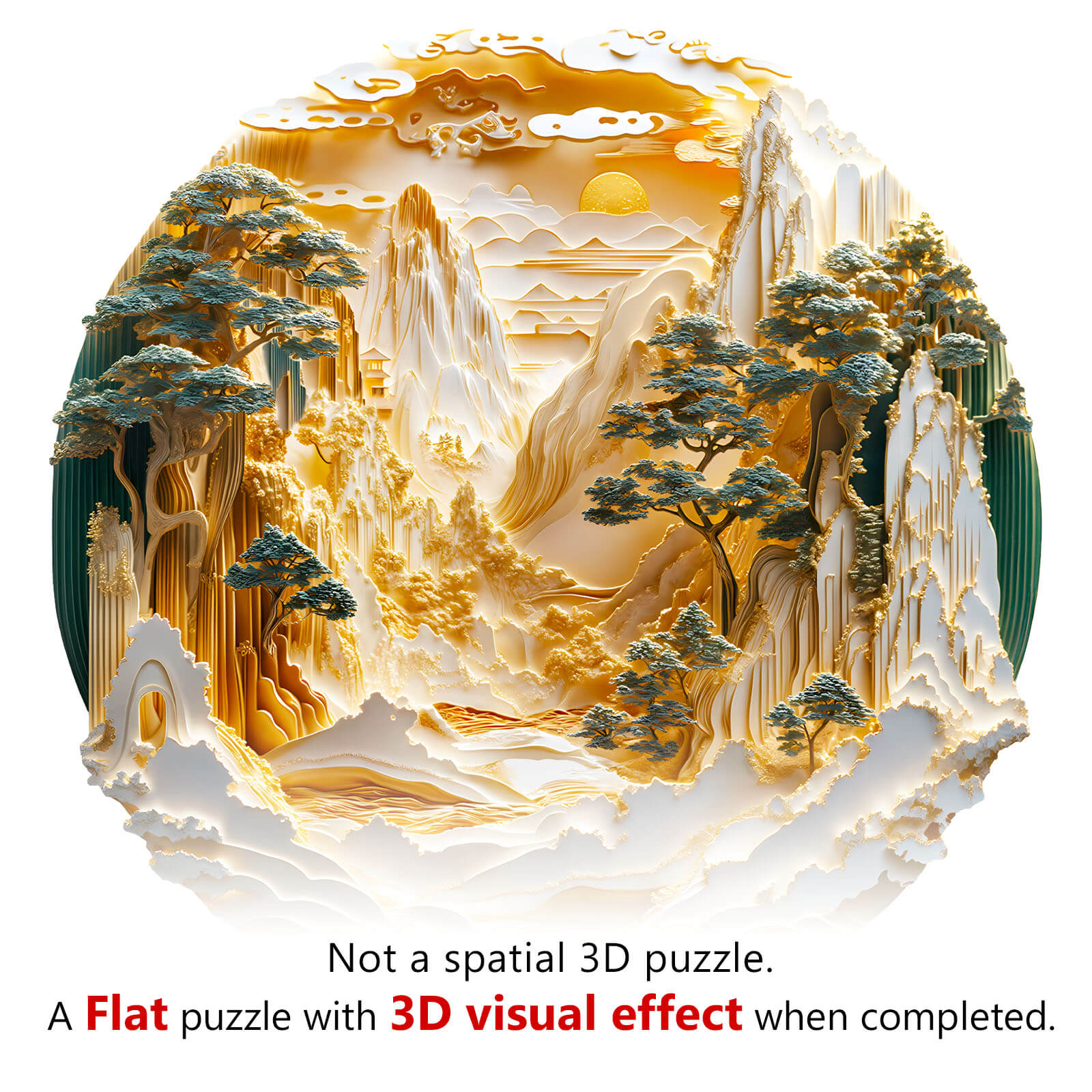 3D Golden Mountains Wooden Jigsaw Puzzle showcasing a flat design with stunning 3D visual effects when completed.