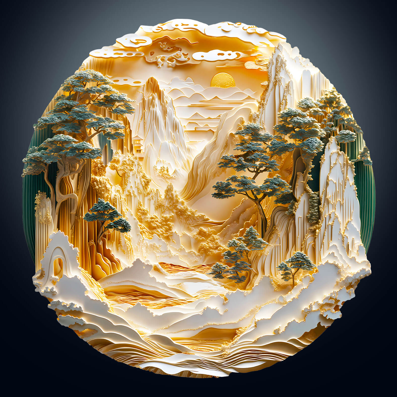 3D Golden Mountains wooden jigsaw puzzle featuring intricate landscape design with trees and mountains, perfect for puzzle enthusiasts.