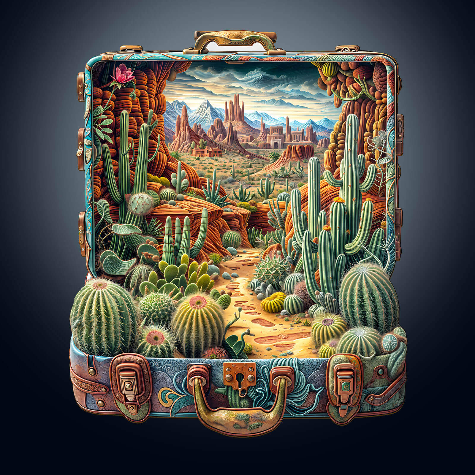 Desert Odyssey-2 wooden jigsaw puzzle featuring a colorful desert landscape inside a vintage suitcase.