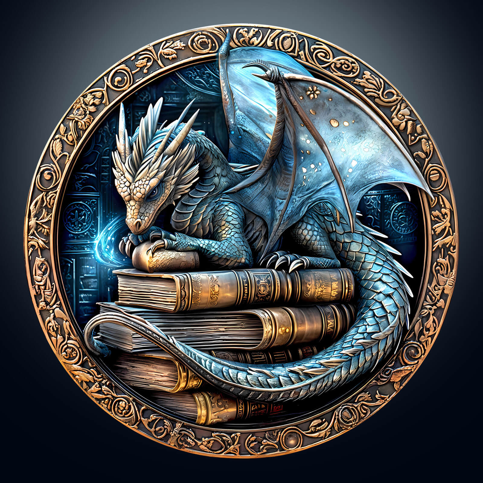 3D illustration of a dragon perched on stacked books, showcasing fantasy art with intricate details and a mystical aura.