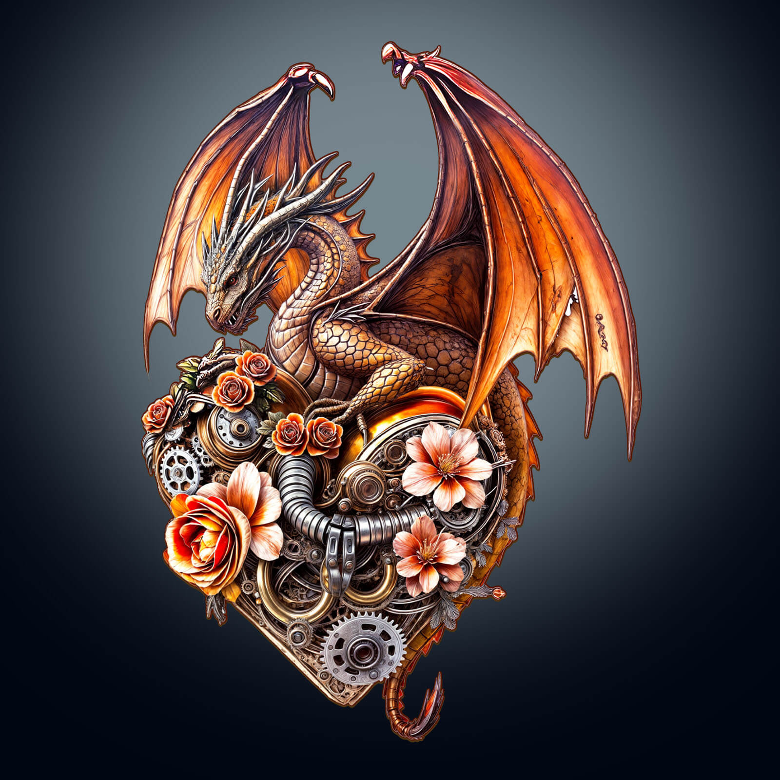 Intricate Dragon Heart Machina design featuring a dragon, gears, and flowers, perfect for puzzle enthusiasts.