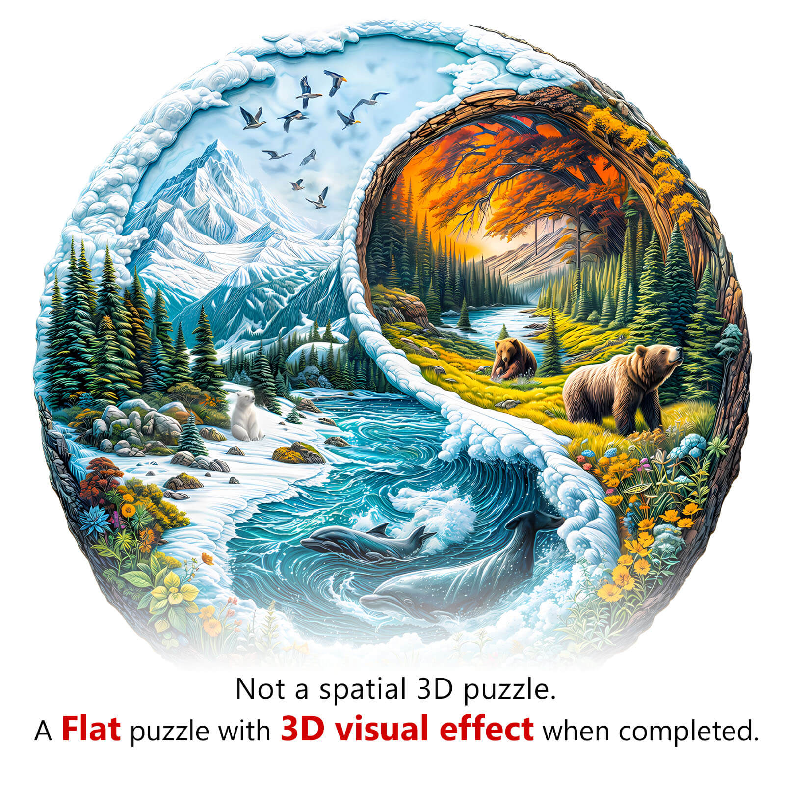 Yin yang glacial forest wooden jigsaw puzzle featuring vibrant nature scenes and a 3D visual effect when completed.