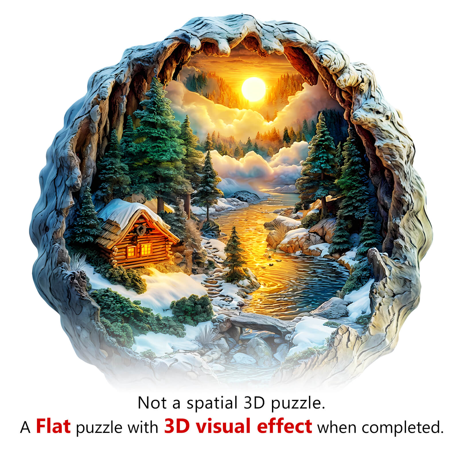 3D Winter Scene Wooden Jigsaw Puzzle showcasing a scenic landscape with a cabin, river, and trees, emphasizing its unique visual effect.