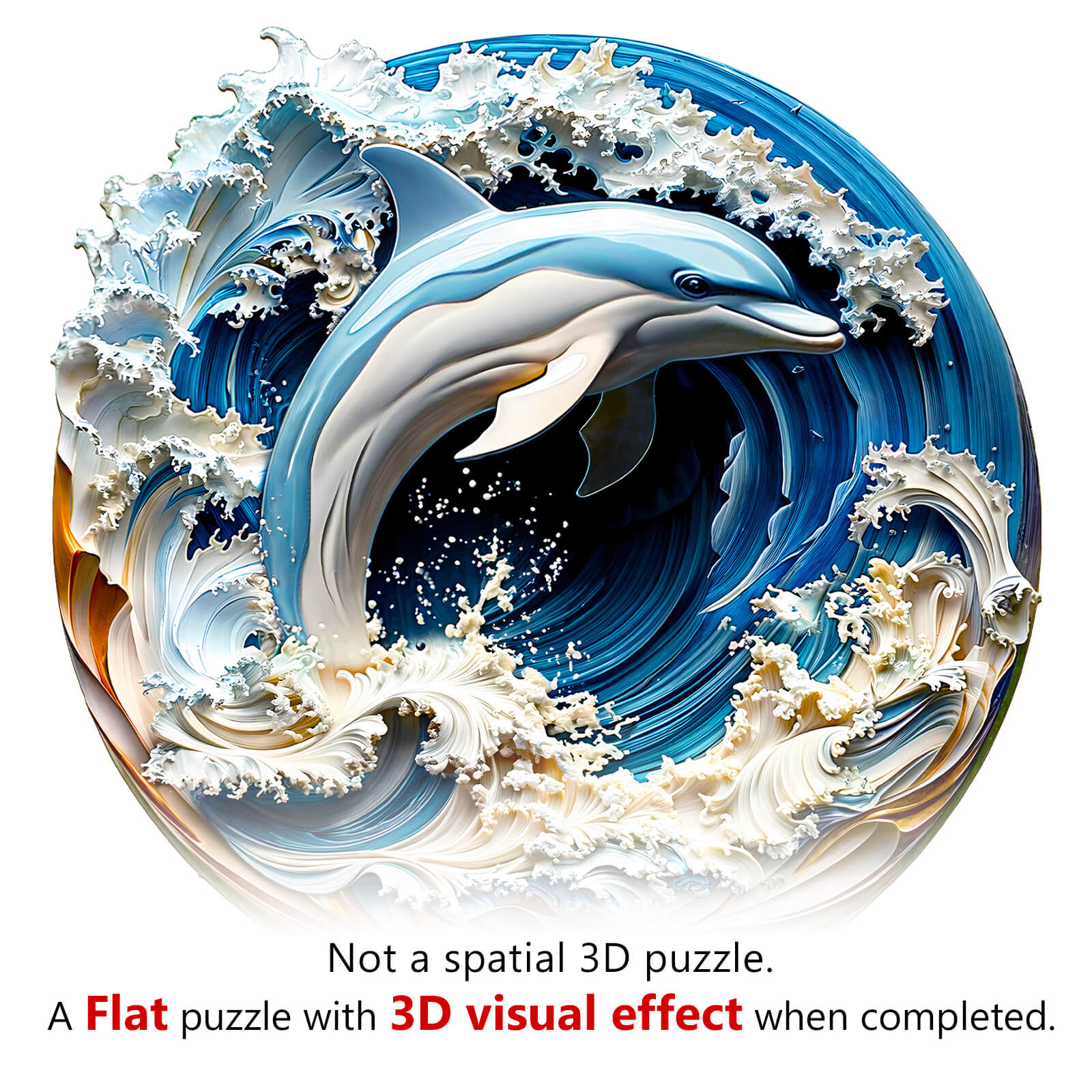 3D Dolphin-1 wooden jigsaw puzzle showcasing a dolphin with waves, designed to enhance focus and cognitive skills.