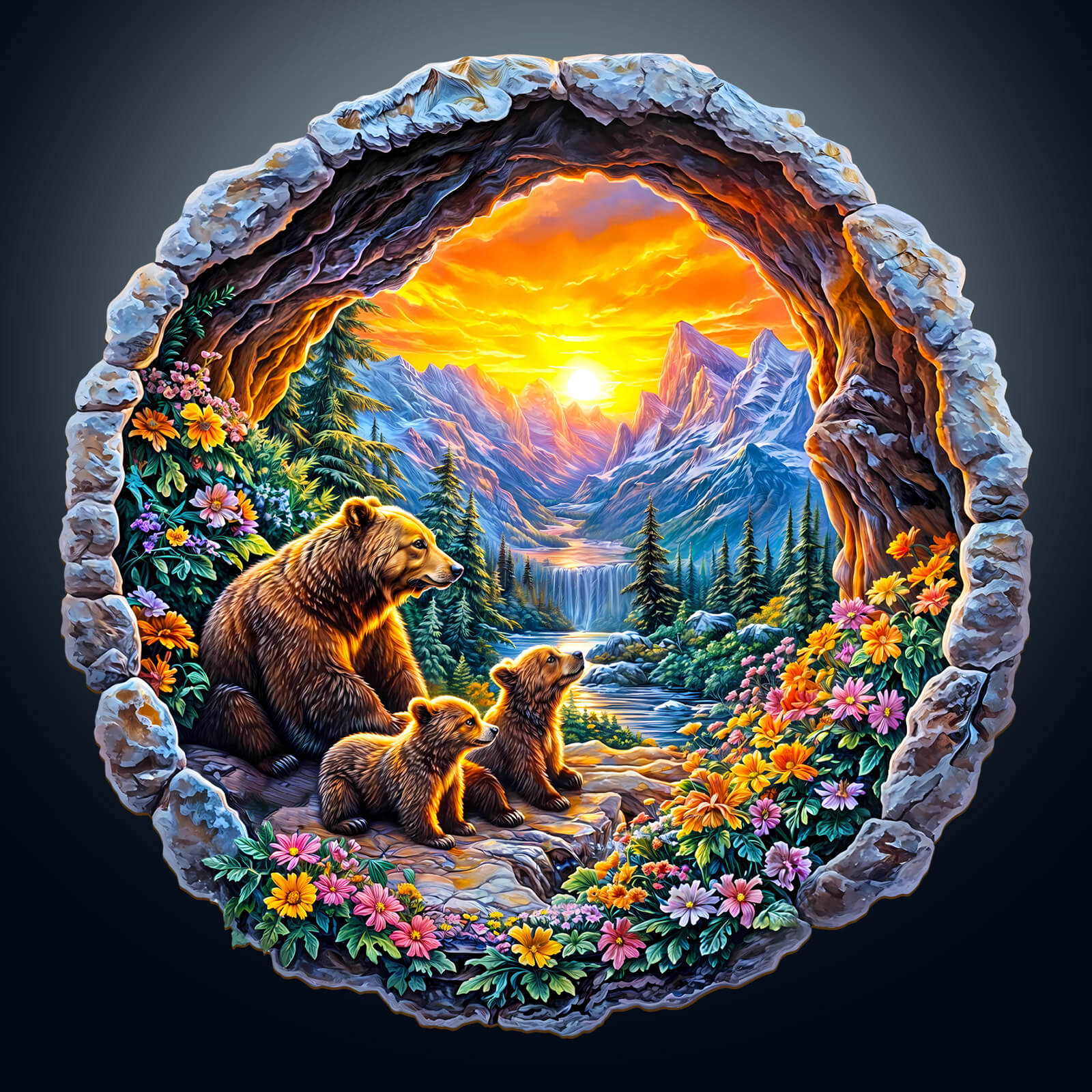 Three bears in a colorful 3D jigsaw puzzle scene, highlighting nature and adventure. Ideal for puzzle enthusiasts.