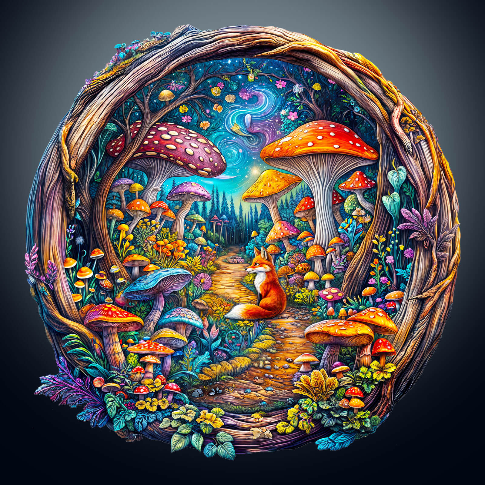 Vibrant 3D Mushroom Forest scene featuring colorful mushrooms, a fox, and a mystical pathway, perfect for jigsaw puzzle lovers.