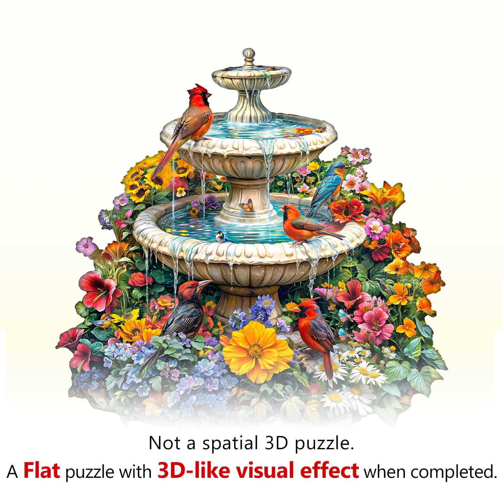 Garden Melody Wooden Jigsaw Puzzle featuring a fountain and vibrant flowers, offering a flat design with 3D-like effect.
