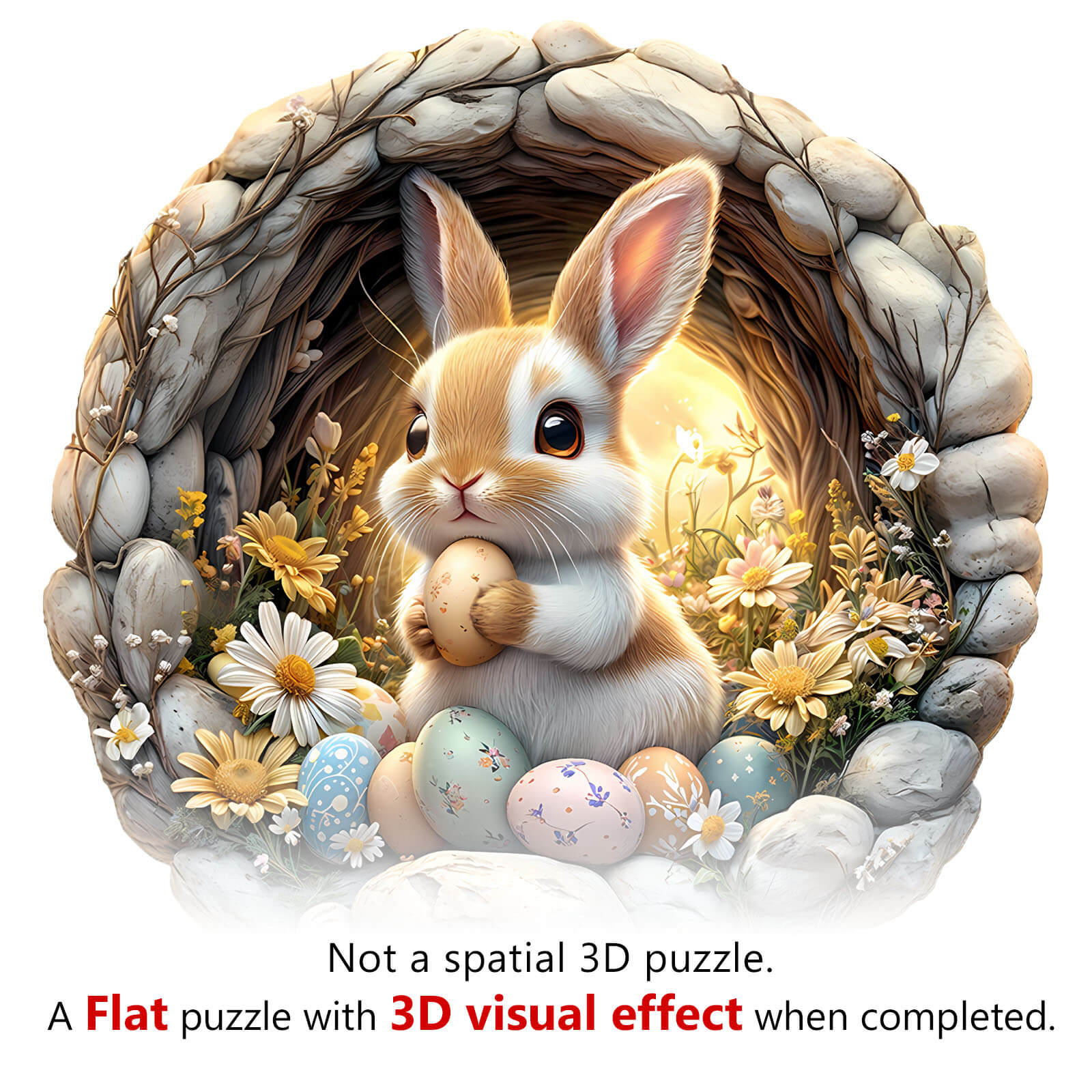 3D Cave Easter Bunny wooden jigsaw puzzle featuring a bunny in a cave surrounded by flowers and eggs.