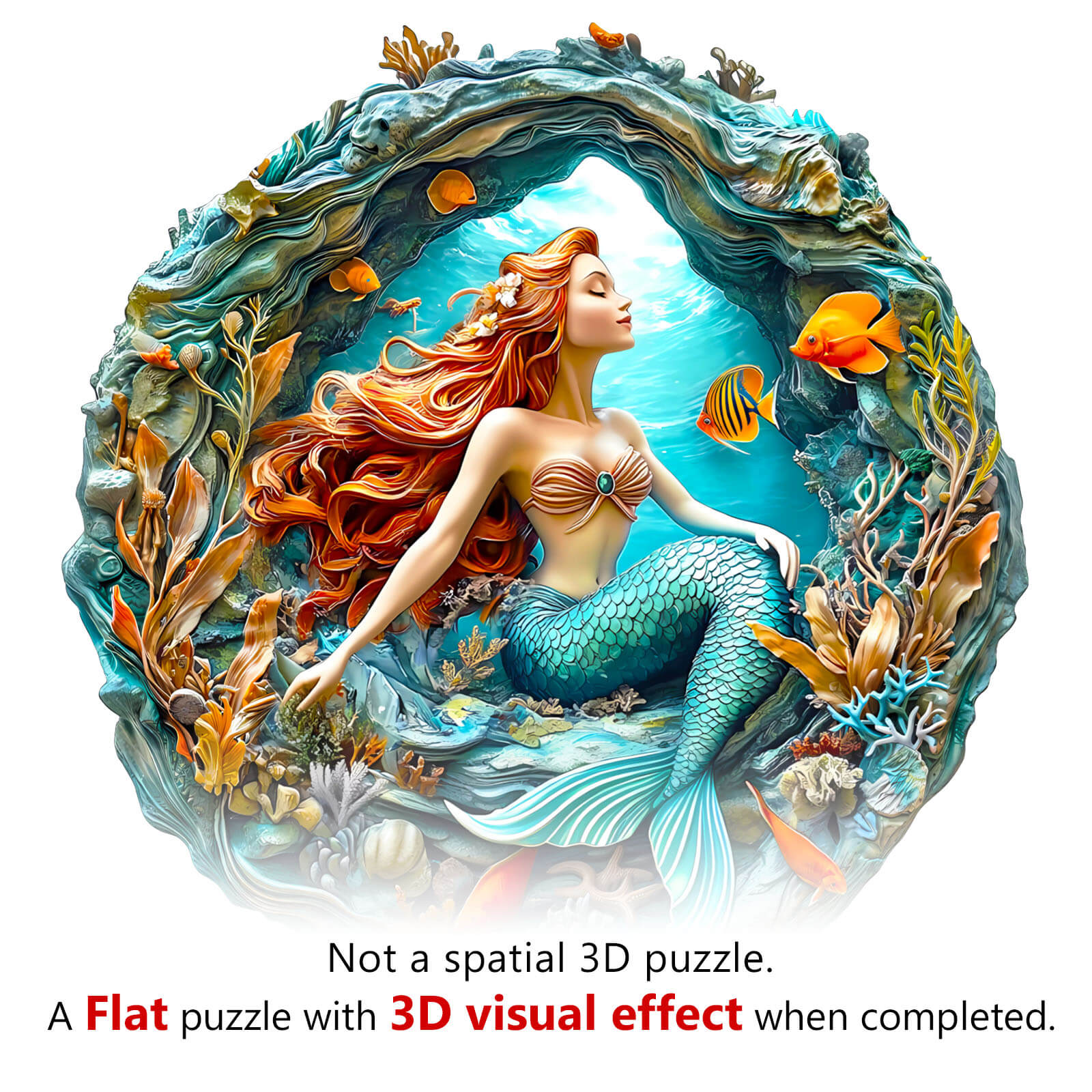 3D Mermaid's Secret Cave wooden jigsaw puzzle showcasing vibrant colors and detailed underwater scenes.