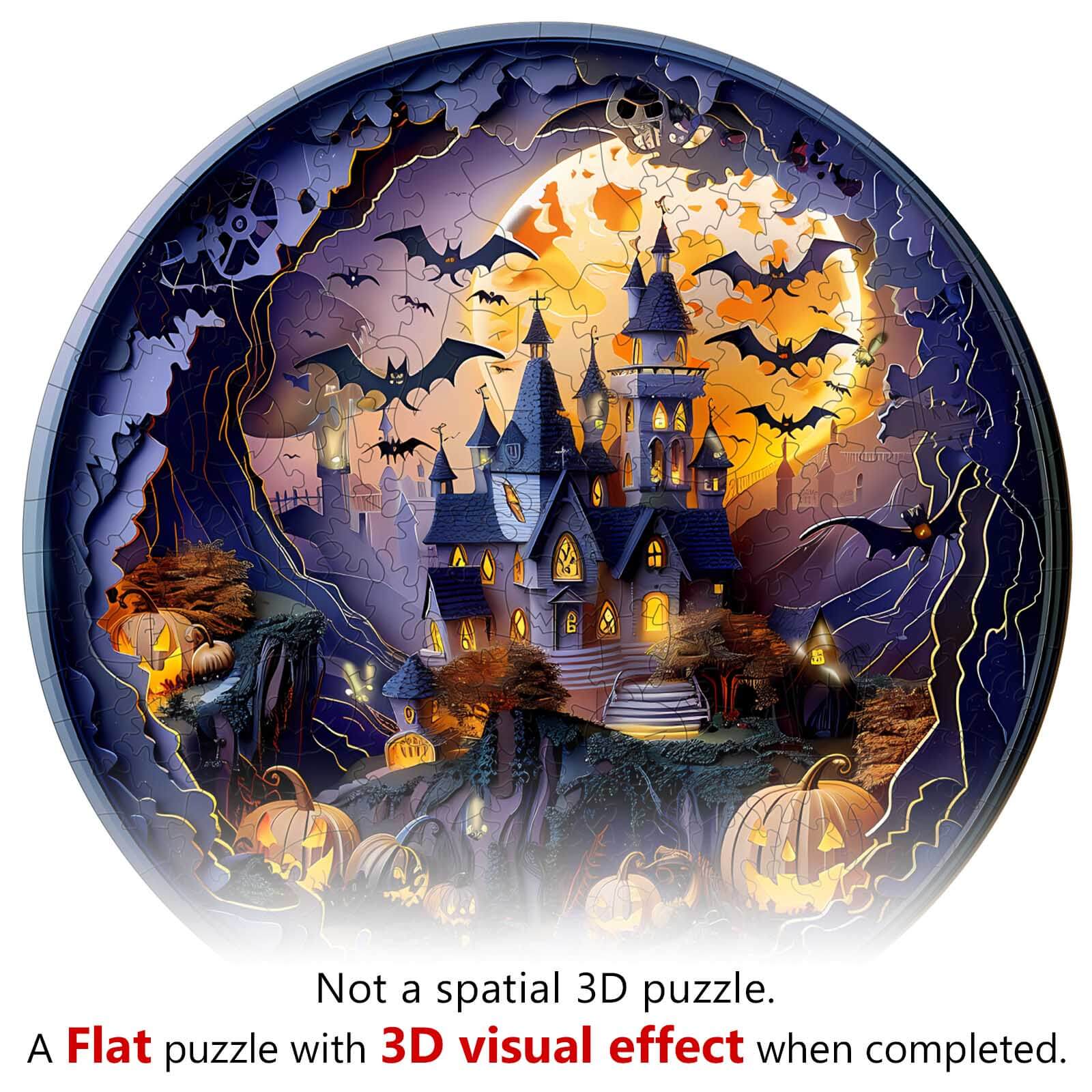 3D Halloween Castle-2 wooden jigsaw puzzle featuring a spooky castle, bats, and pumpkins in a vibrant Halloween scene.