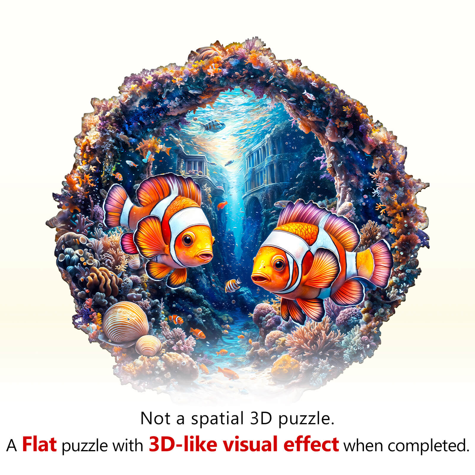 Clownfish Journey wooden jigsaw puzzle featuring vibrant clownfish in a colorful coral reef setting.