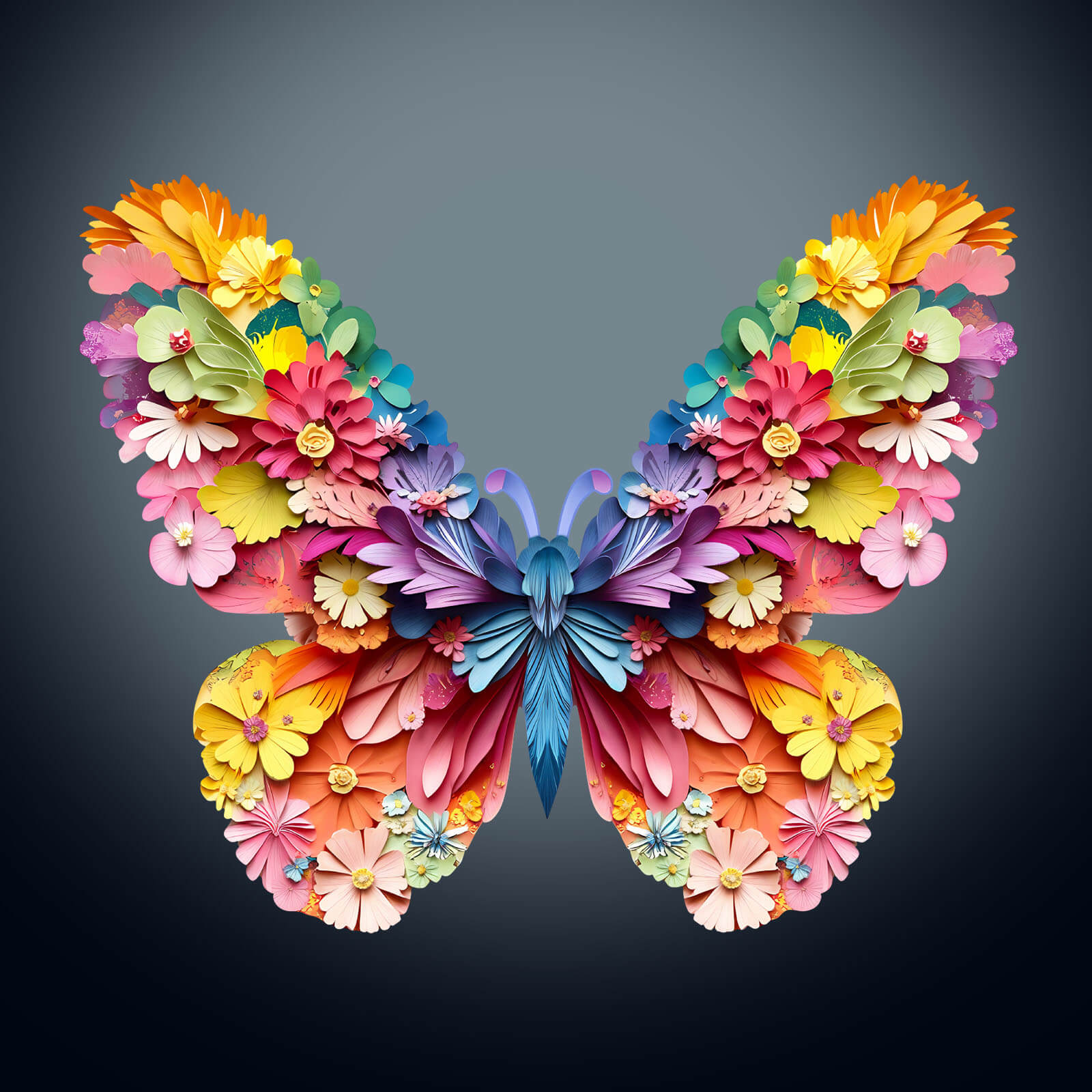 3D colorful butterfly made of vibrant paper flowers, showcasing intricate design and creativity.